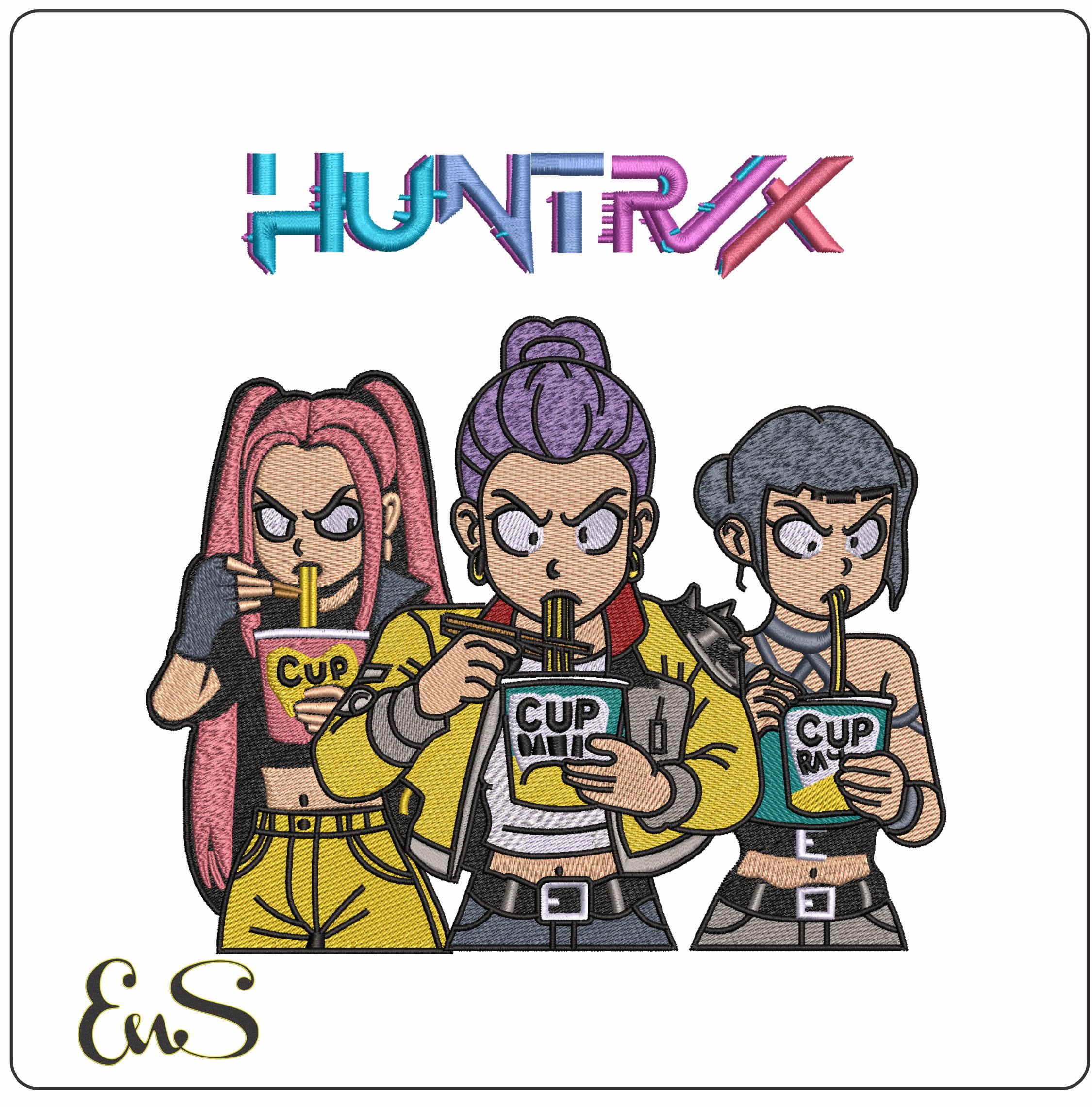 HuntrIx Girls Eating Noodles with Logo- Elegant embroidery design file - instant download