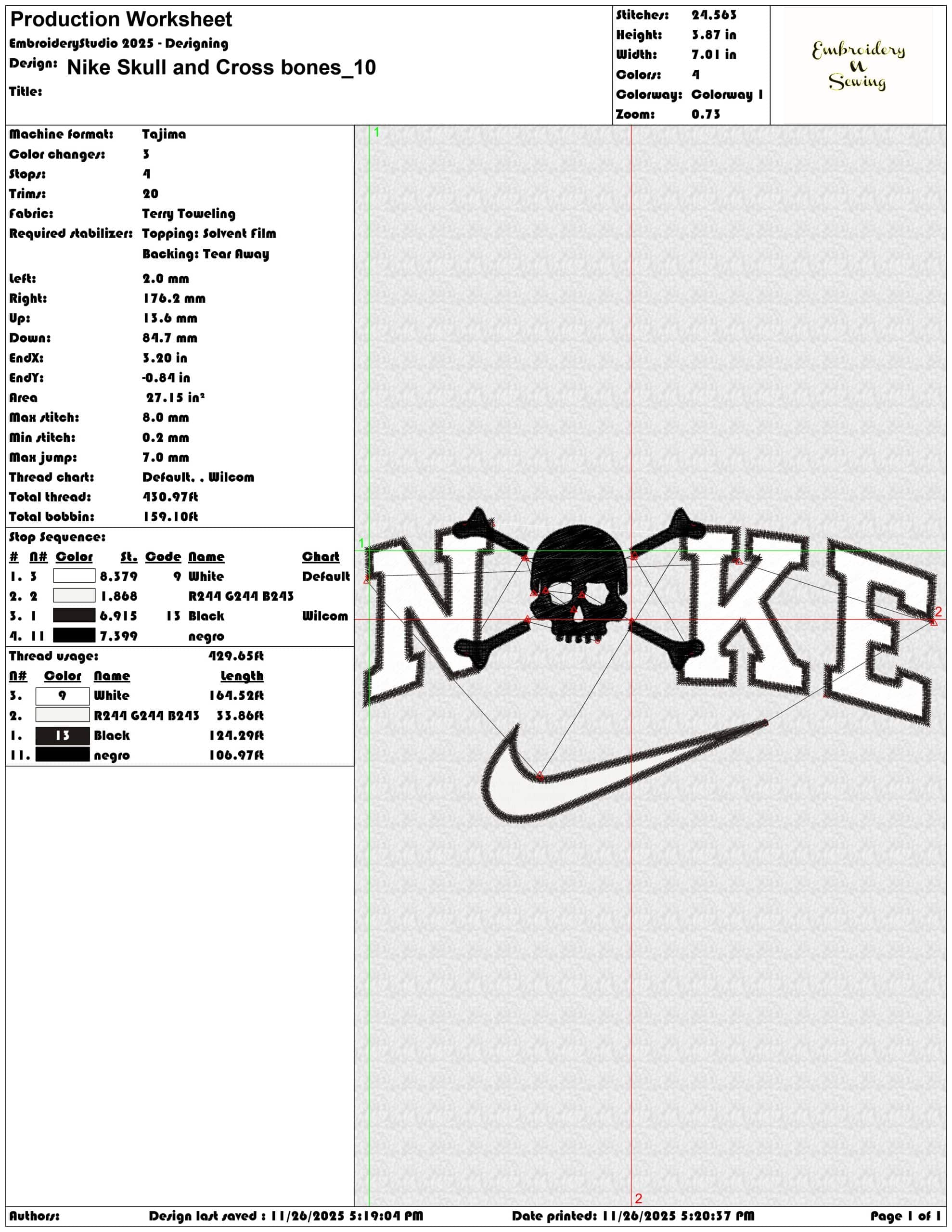 Nike Skull and Cross bones- Elegant embroidery design file - instant download — view 3