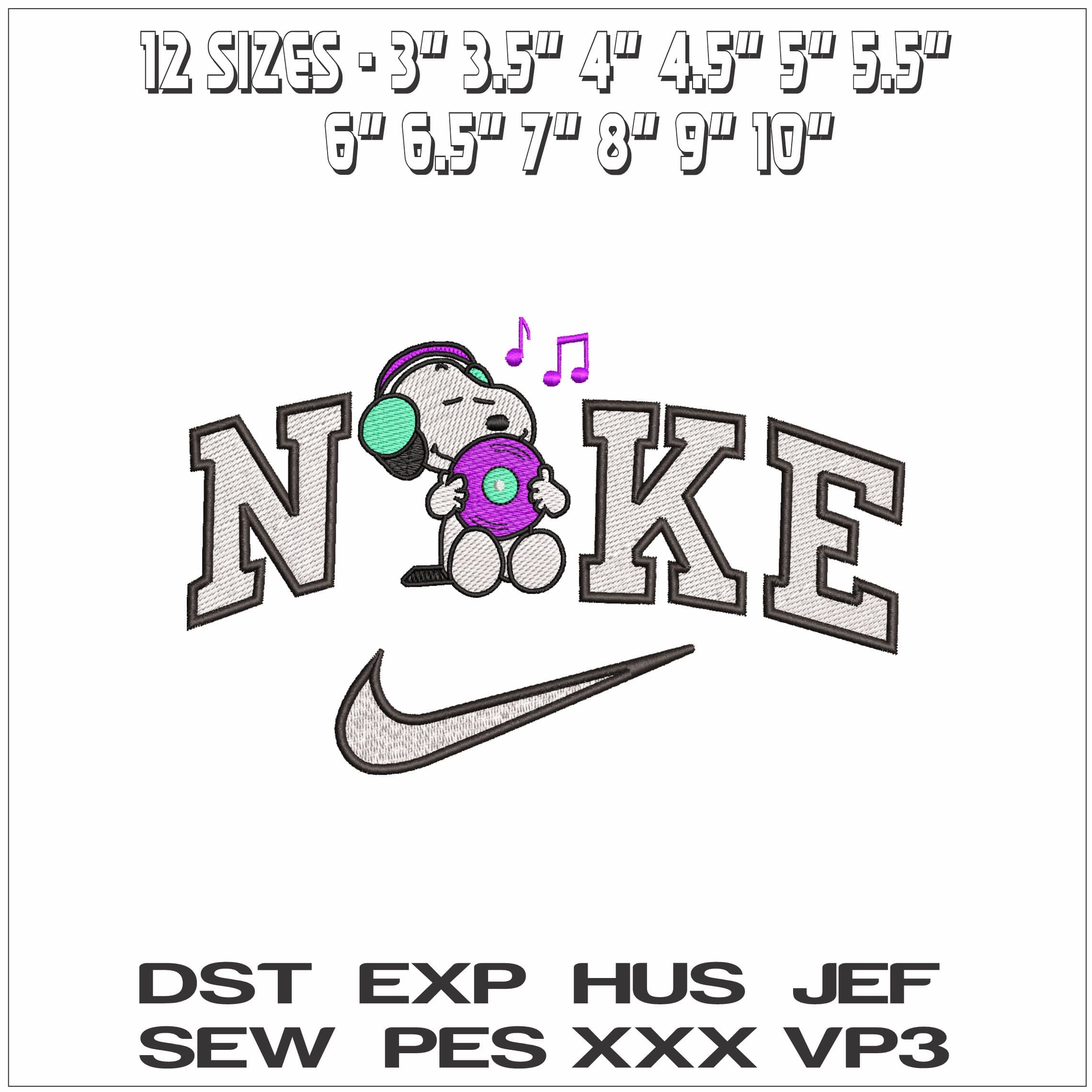Nike Snoopy Music Lover- Elegant embroidery design file - instant download — view 2