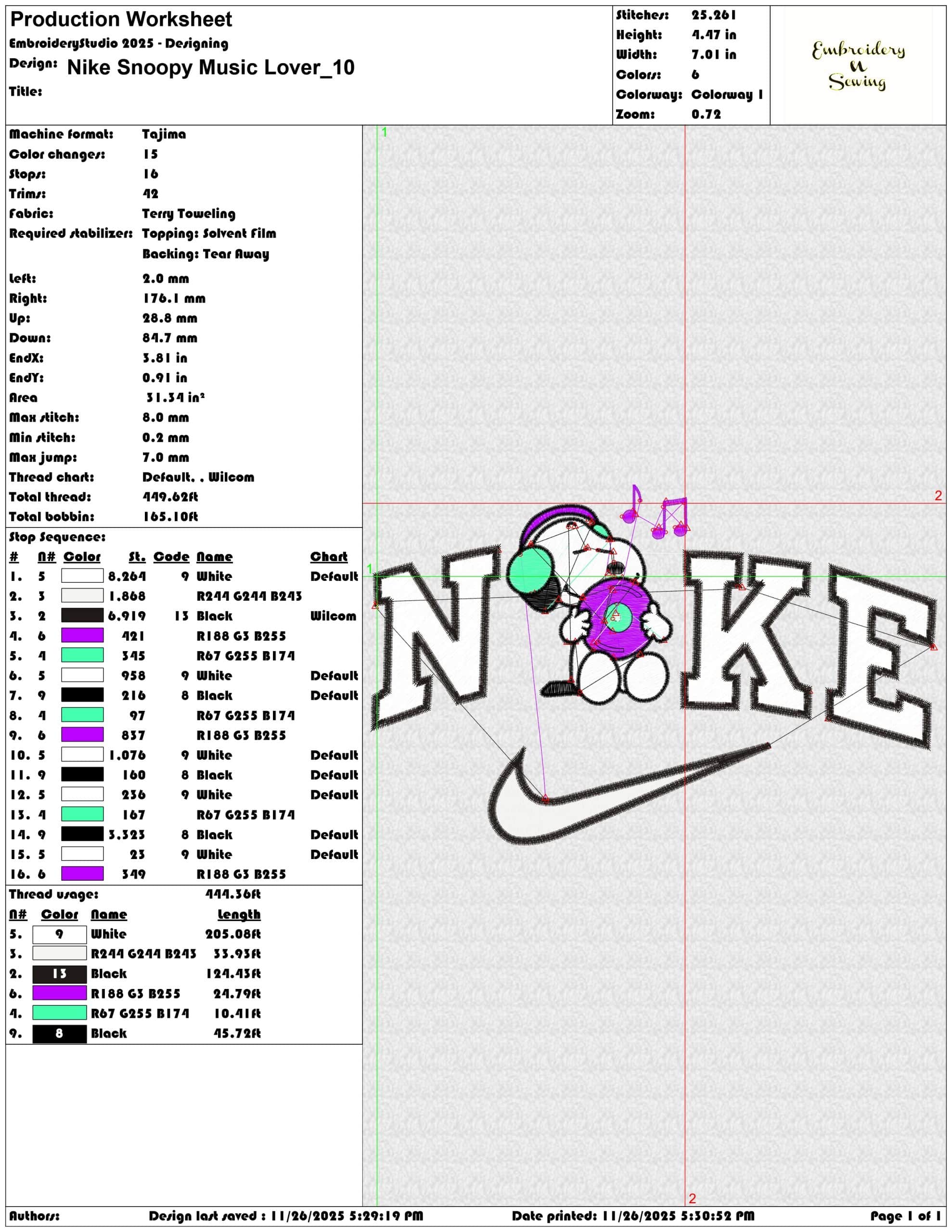 Nike Snoopy Music Lover- Elegant embroidery design file - instant download — view 3