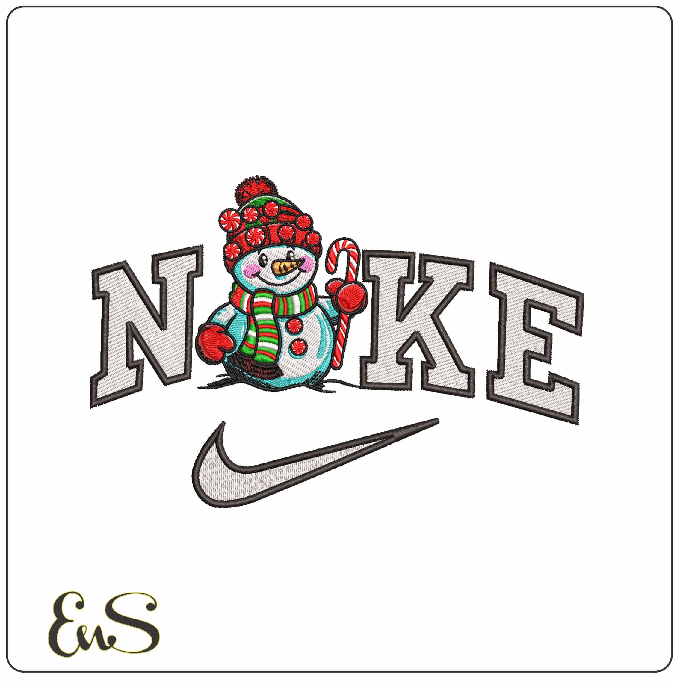 Nike Snowman with Candy Cane- Elegant embroidery design file - instant download