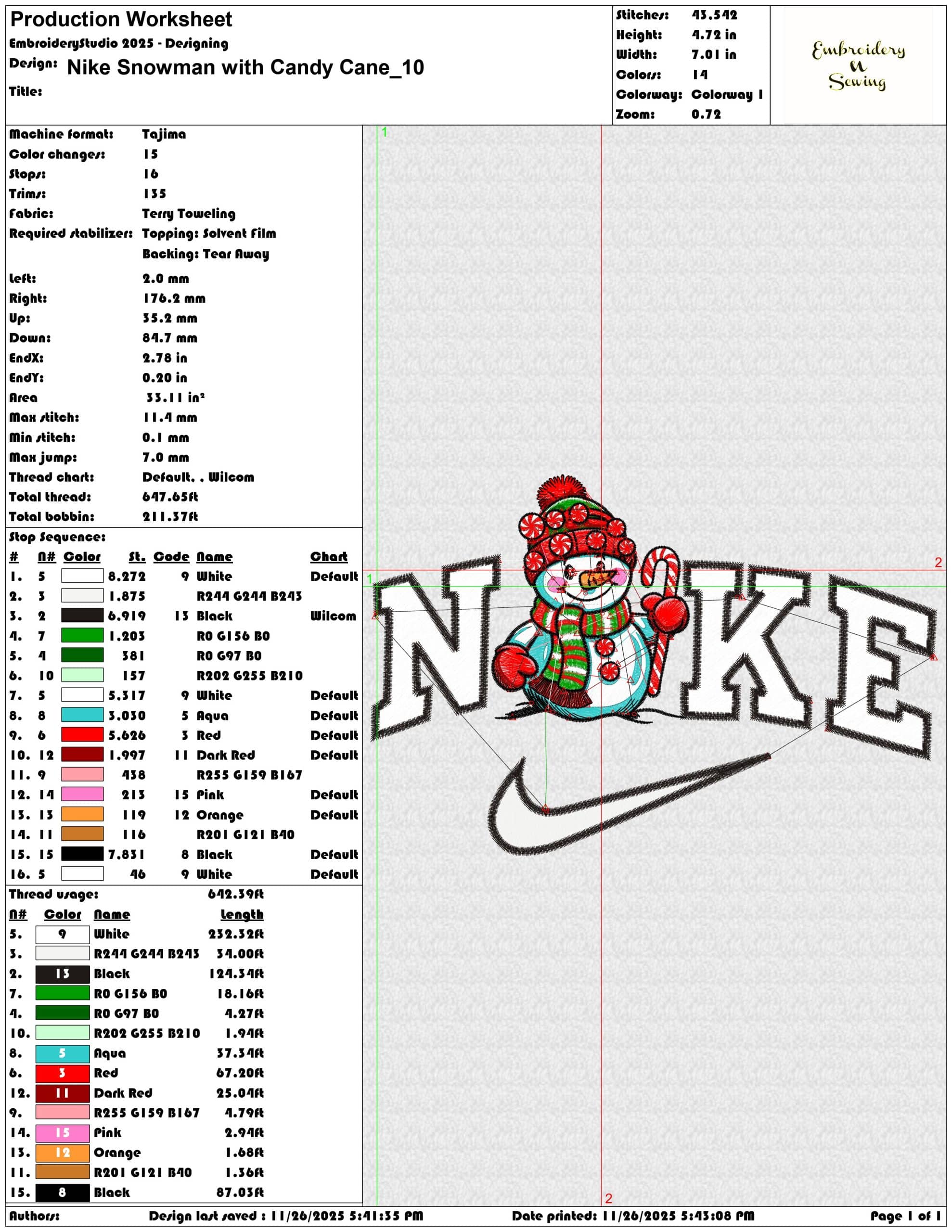 Nike Snowman with Candy Cane- Elegant embroidery design file - instant download — view 3