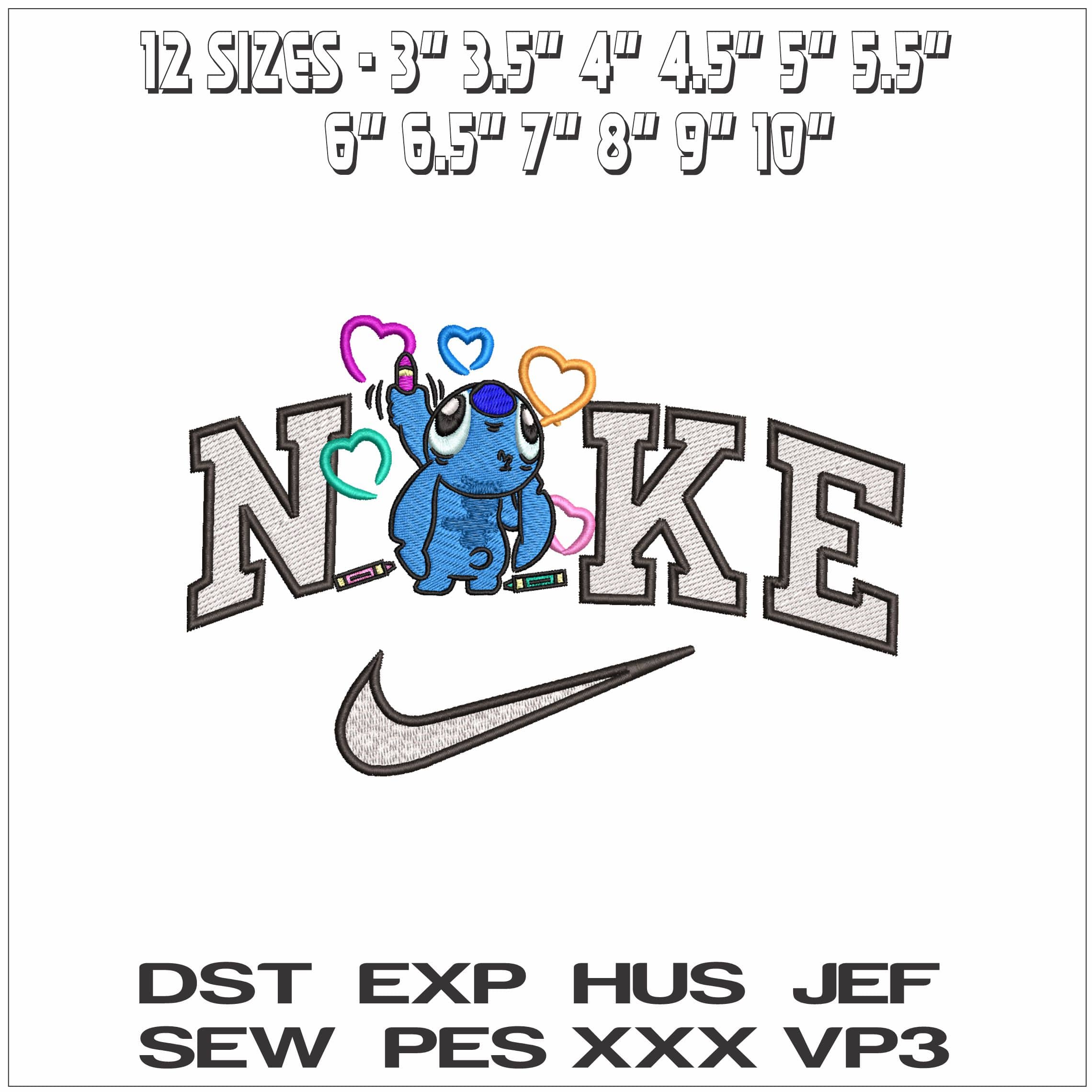 Nike Stitch with Hearts and Crayons- Elegant embroidery design file - instant download — view 2