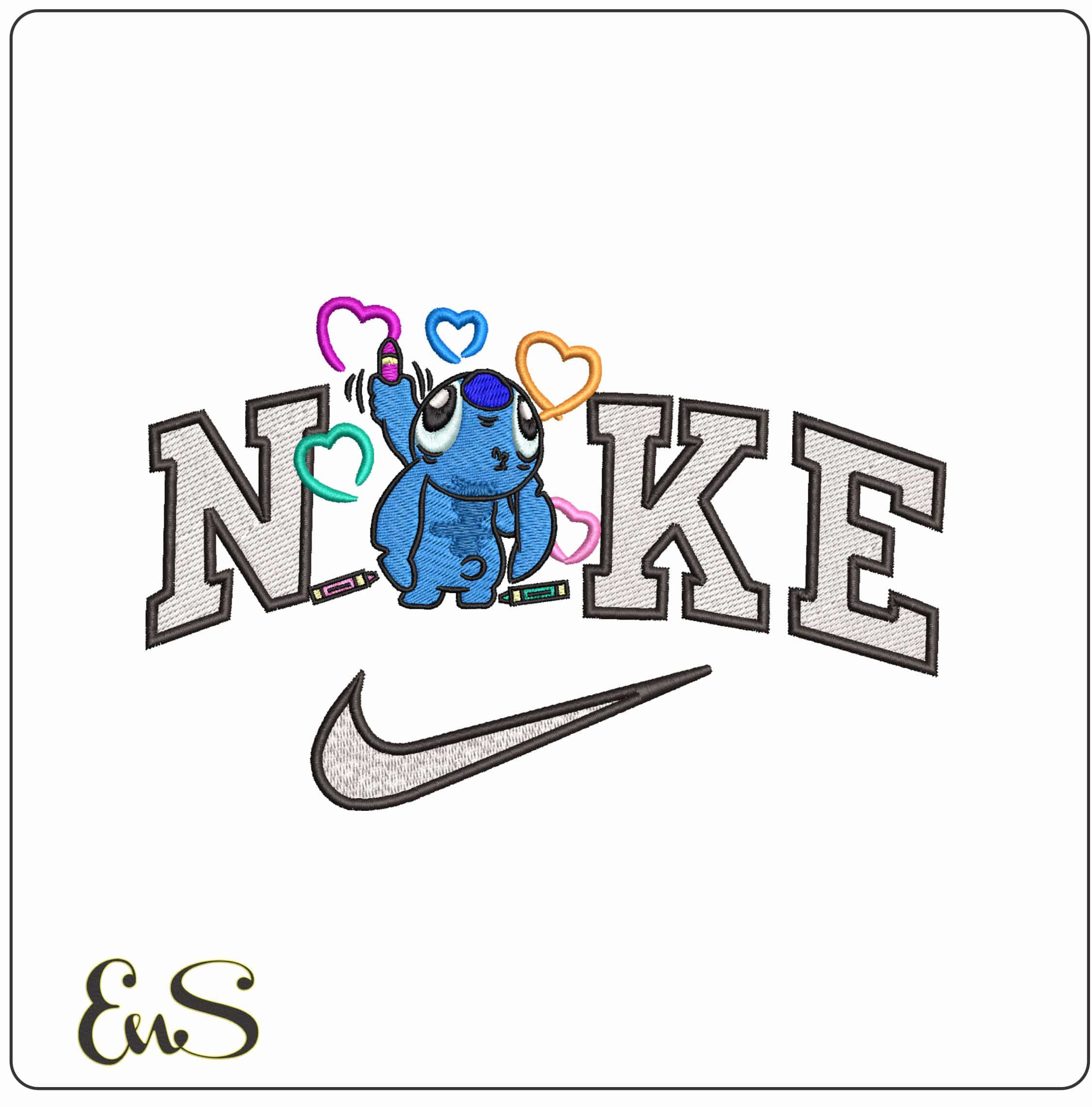 Nike Stitch with Hearts and Crayons- Elegant embroidery design file - instant download