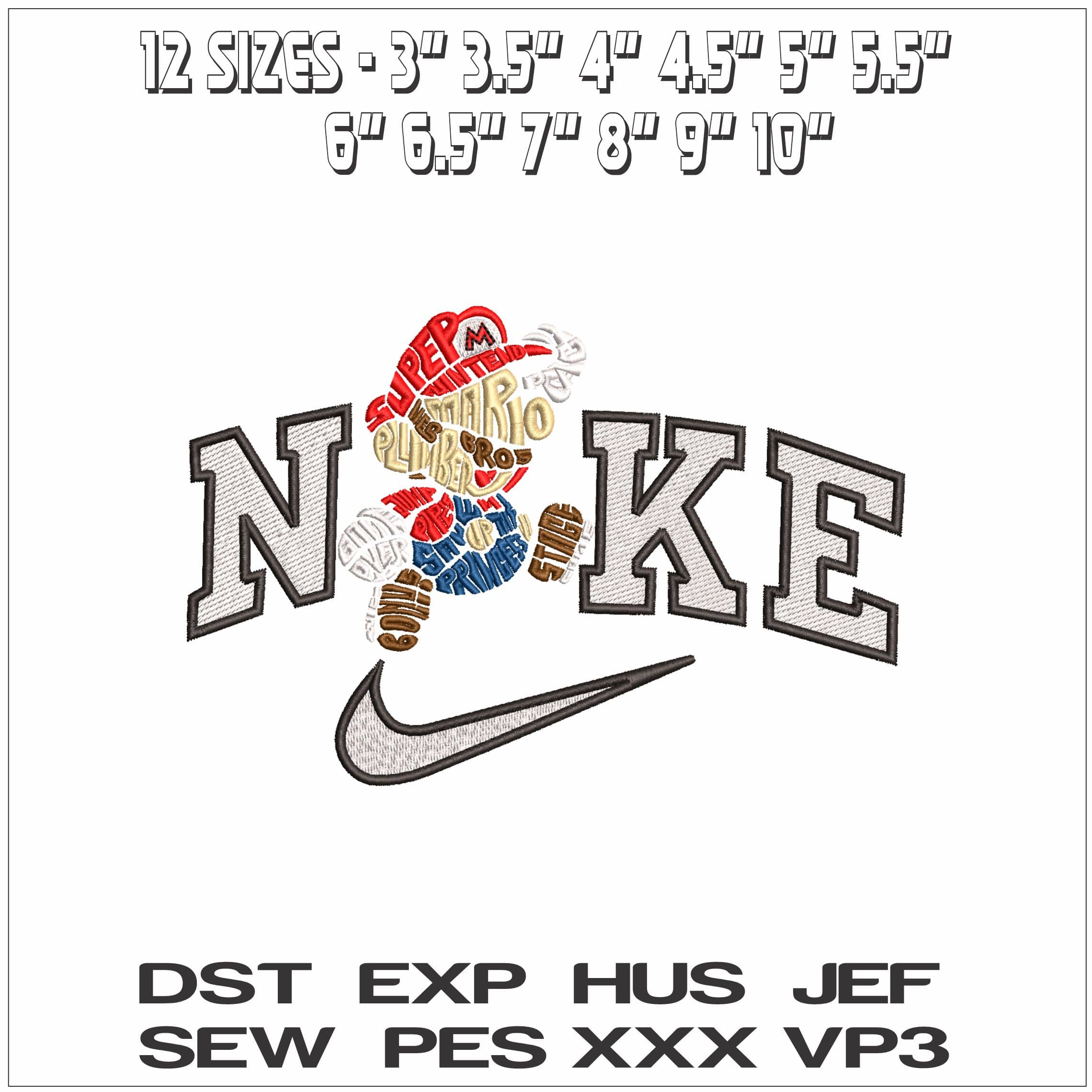 Nike Super Mario in Words- Elegant embroidery design file - instant download — view 2