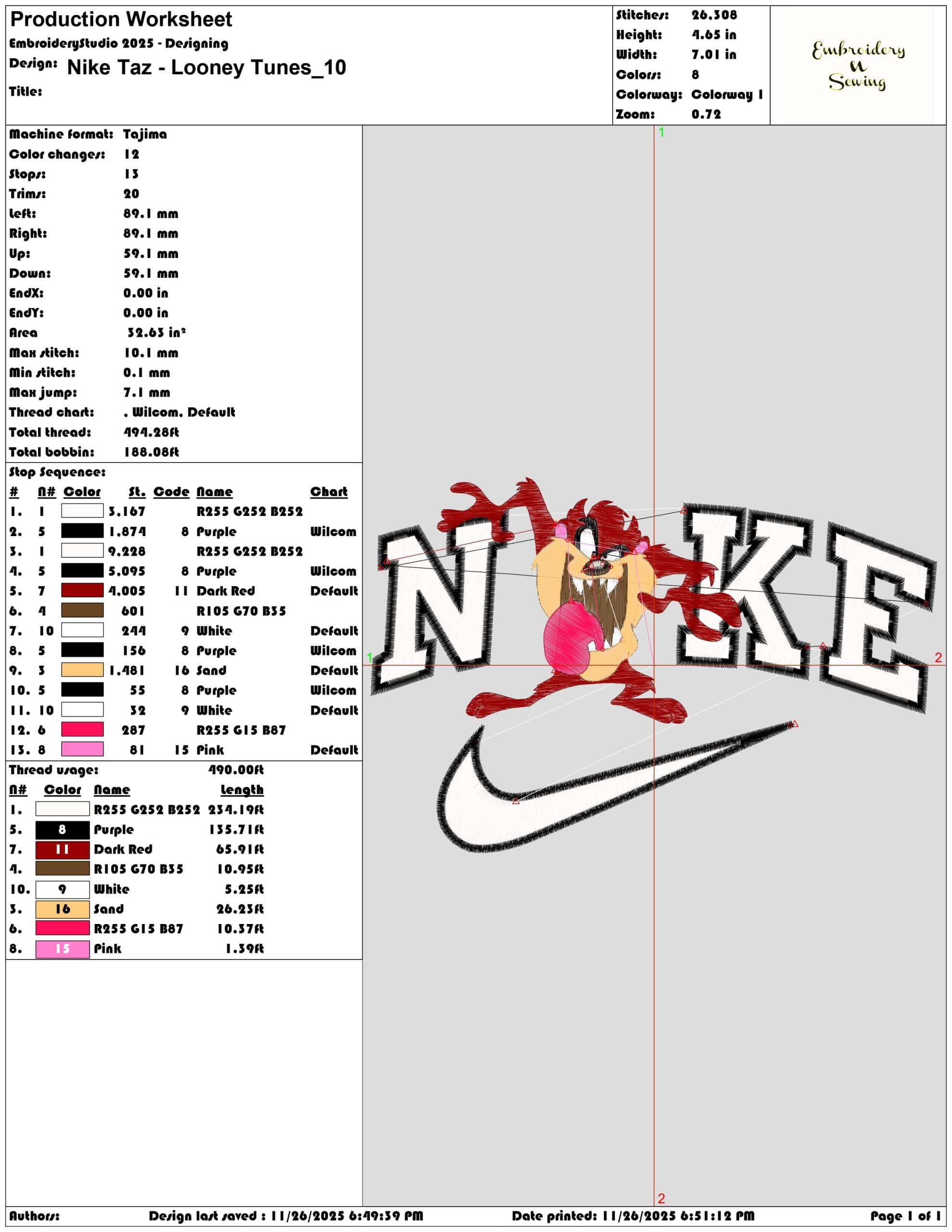 Nike Taz Looney Tunes- Elegant embroidery design file - instant download — view 3
