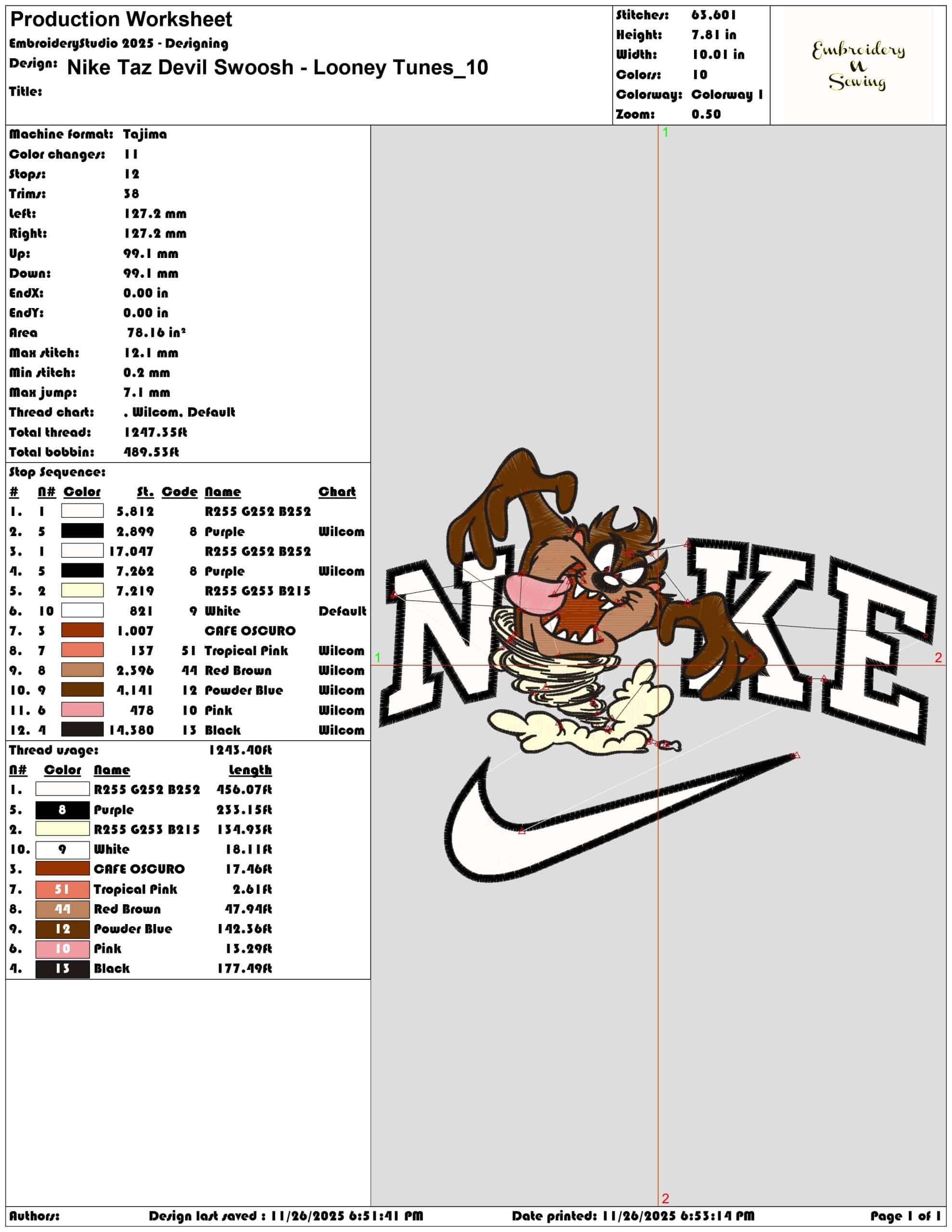 Nike Taz Devil Swoosh Looney Tunes- Elegant embroidery design file - instant download — view 3