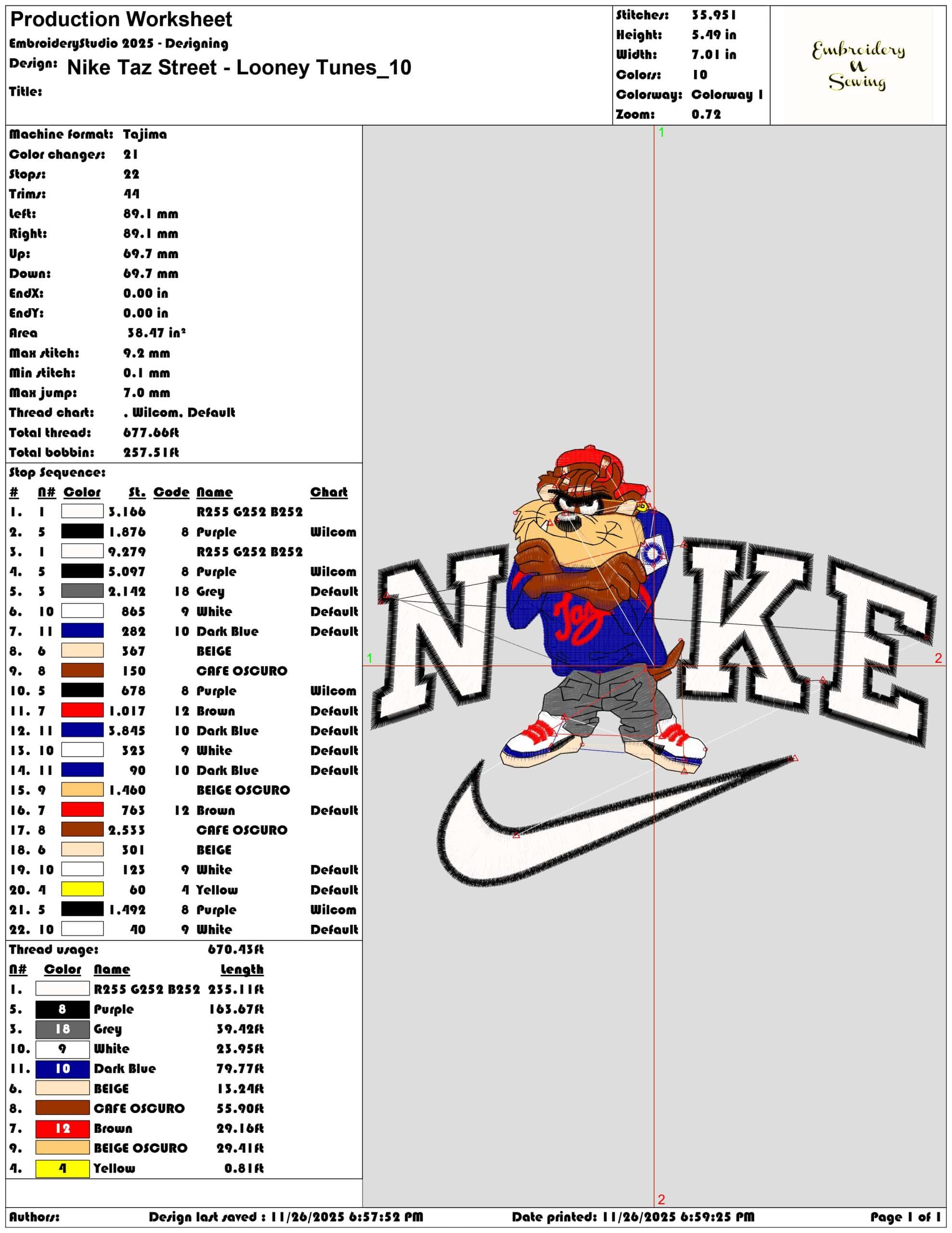 Nike Taz Street Looney Tunes- Elegant embroidery design file - instant download — view 3