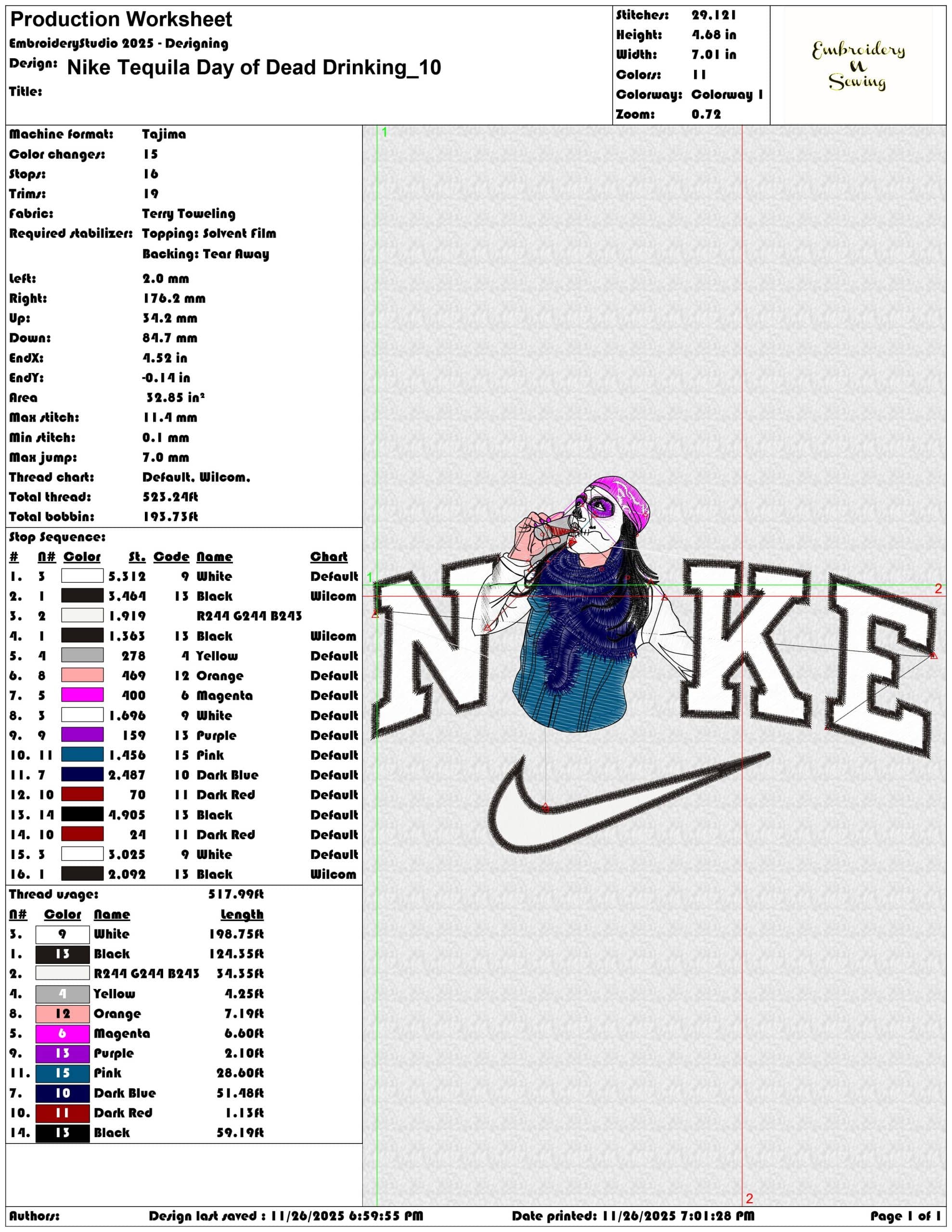 Nike Tequila Day of Dead Drinking- Elegant embroidery design file - instant download — view 3