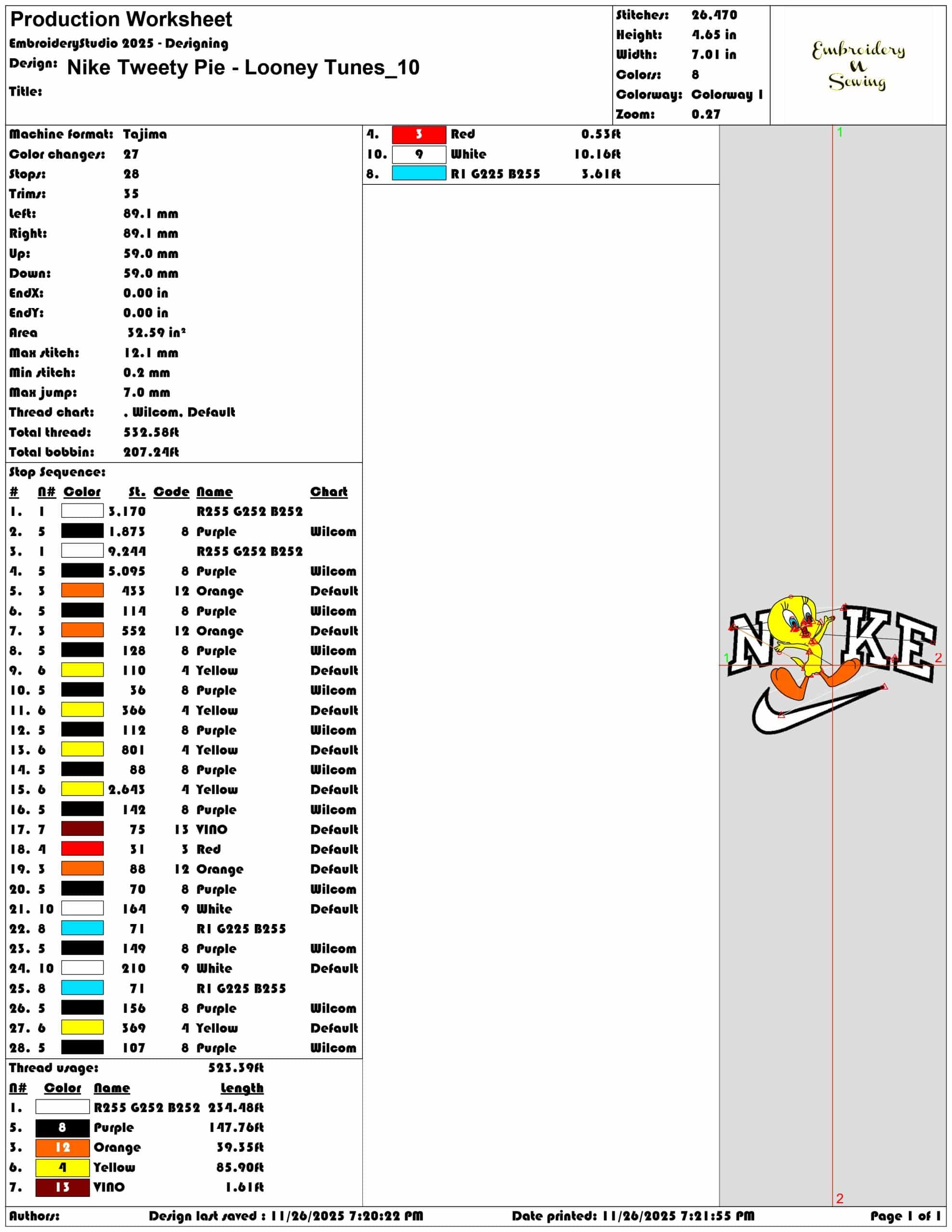 Nike Tweety Pie Looney Tune- Elegant embroidery design file - instant download — view 3