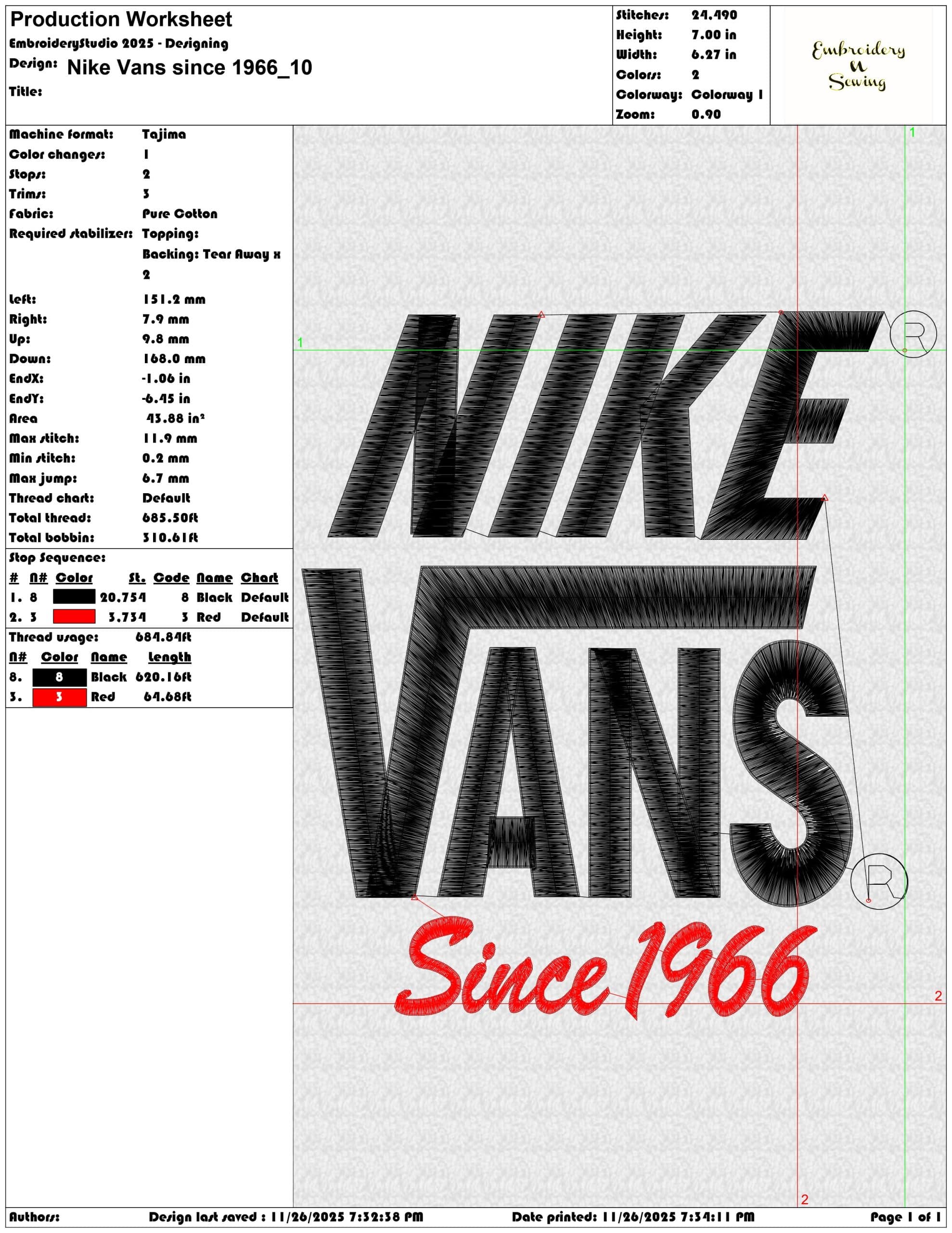 Nike Vans since 1966 - Elegant embroidery design file - instant download — view 3