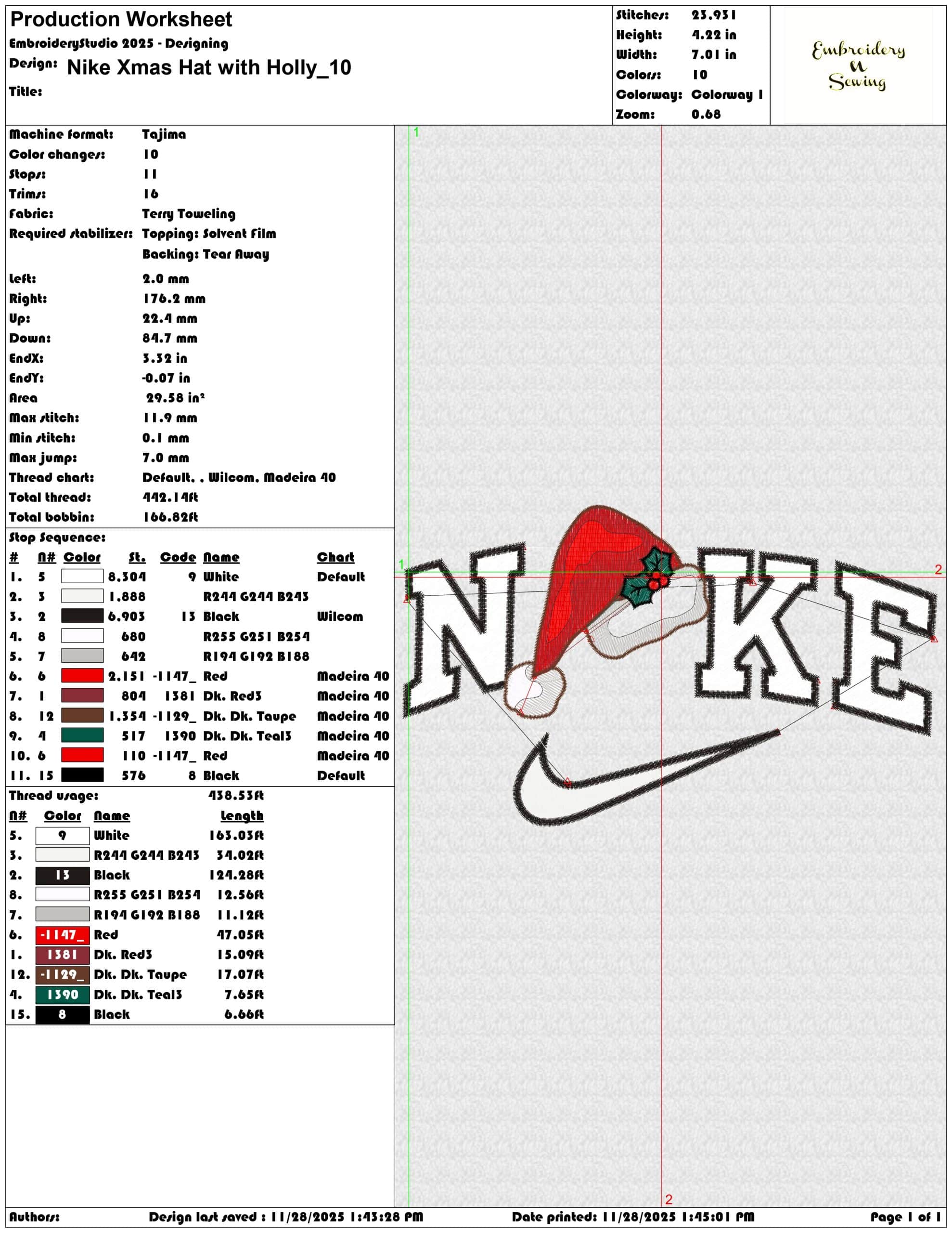 Nike Xmas Hat with Holly - Elegant embroidery design file - instant download — view 3