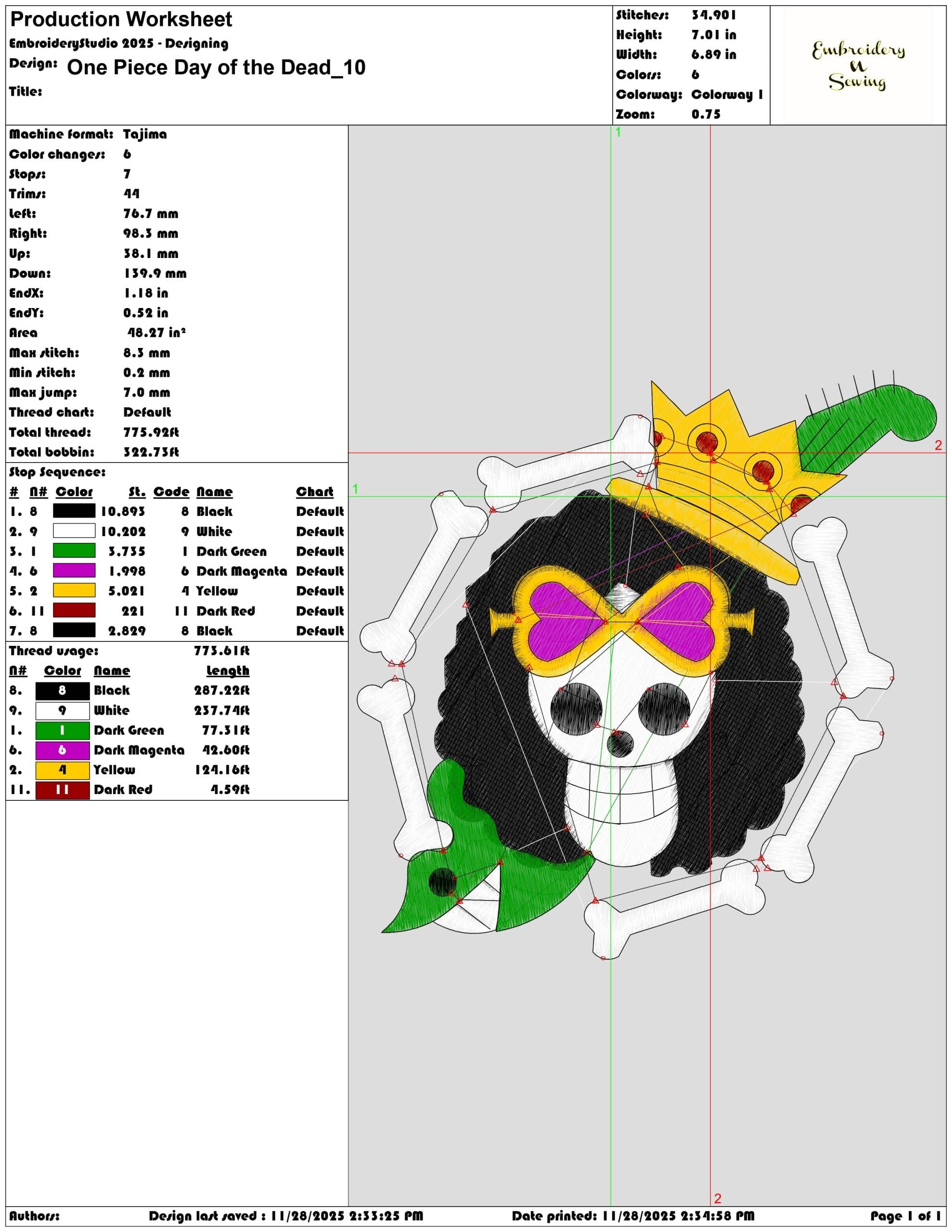 One Piece Day of the Dead- Elegant embroidery design file - instant download — view 3