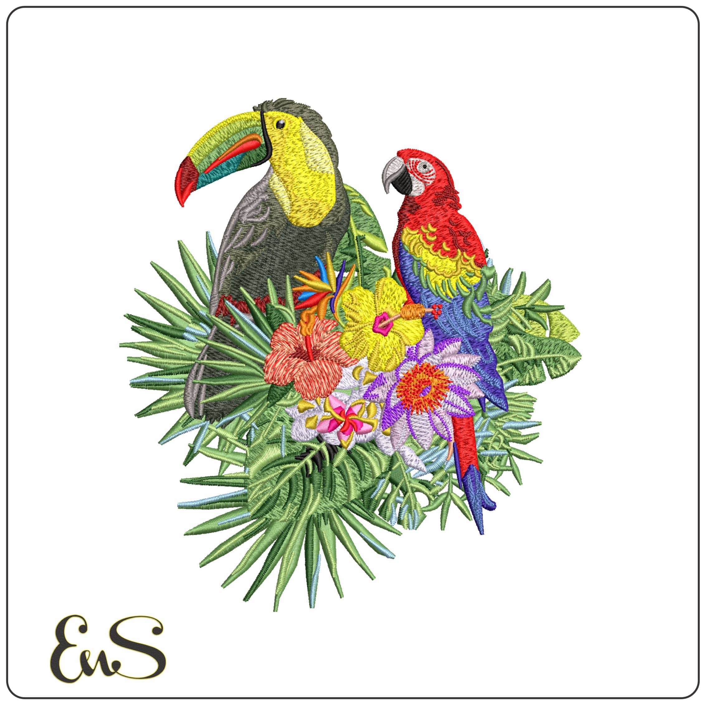 Parrot and Cockatoo in Jungle- Elegant embroidery design file - instant download