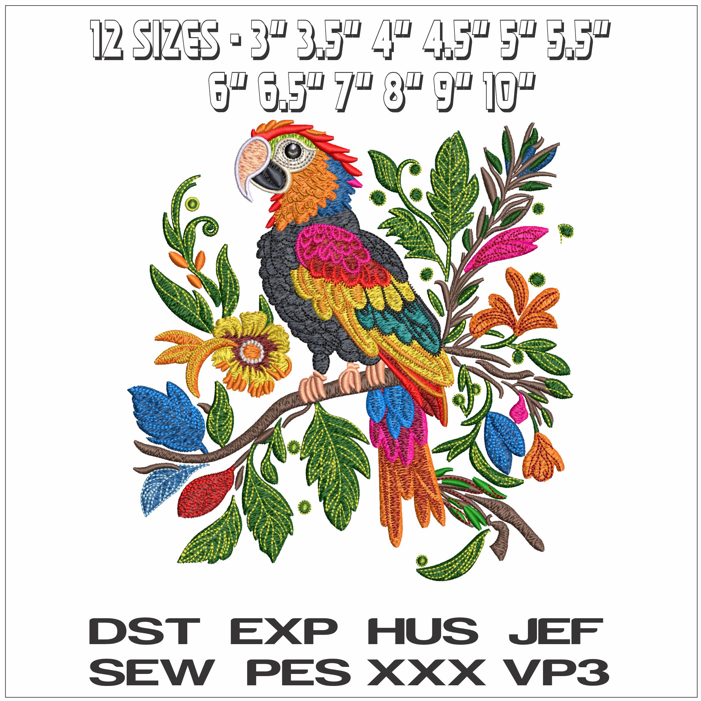 Parrot on a Branch with Flowers- Elegant embroidery design file - instant download — view 2
