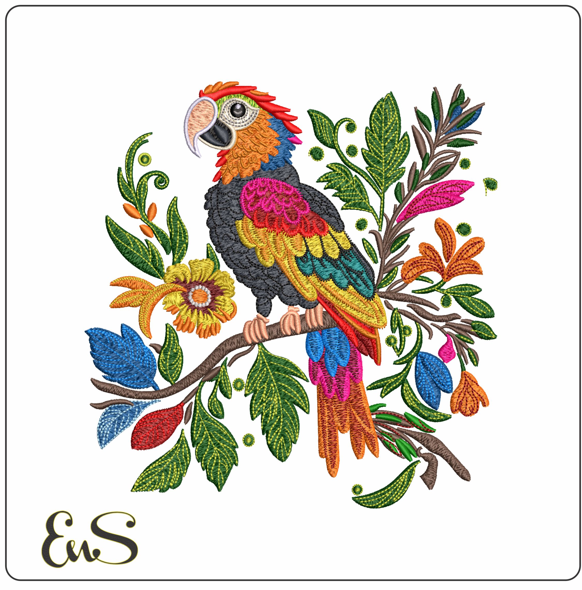 Parrot on a Branch with Flowers- Elegant embroidery design file - instant download