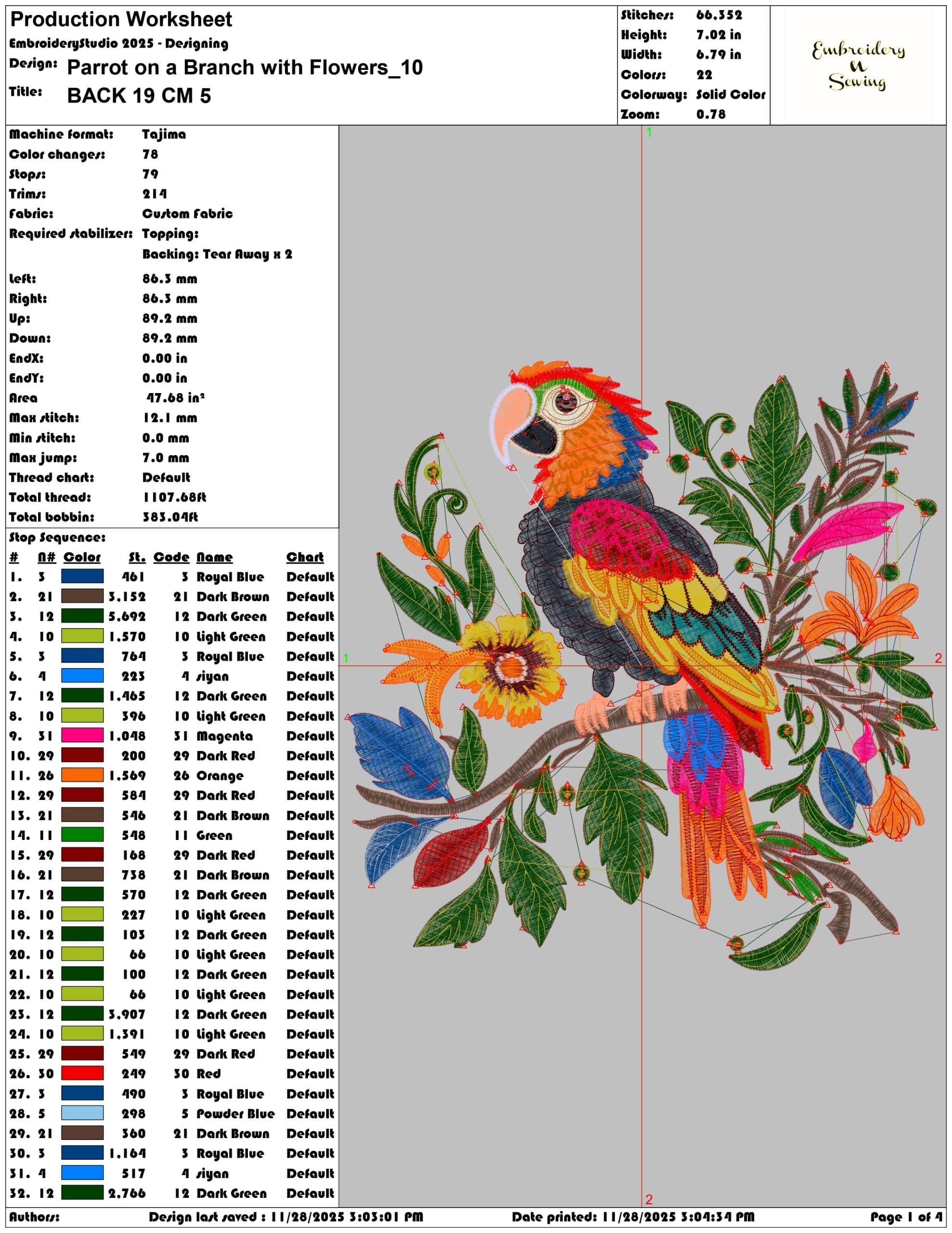 Parrot on a Branch with Flowers- Elegant embroidery design file - instant download — view 3