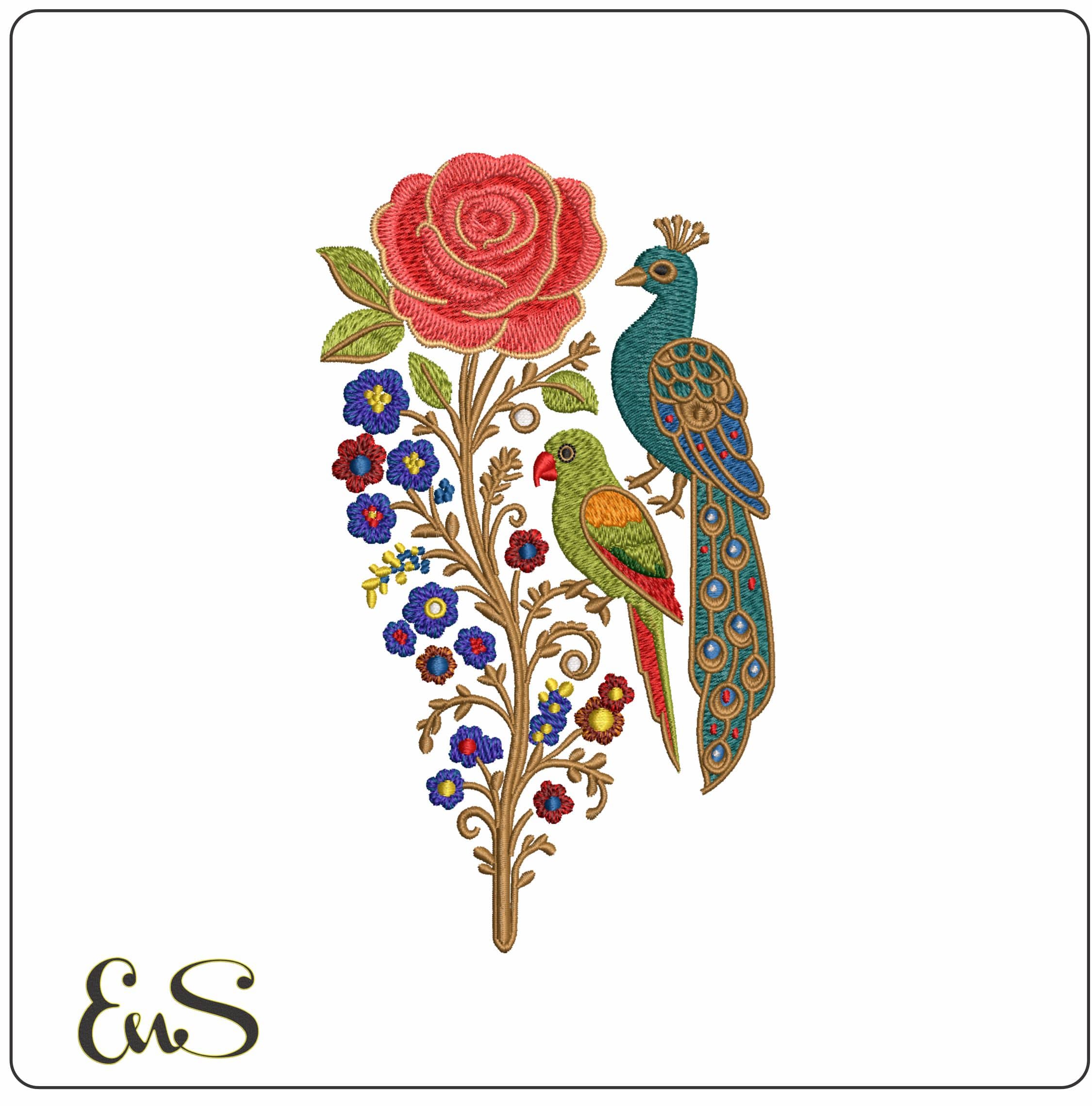 Peacock in flower- Elegant embroidery design file - instant download