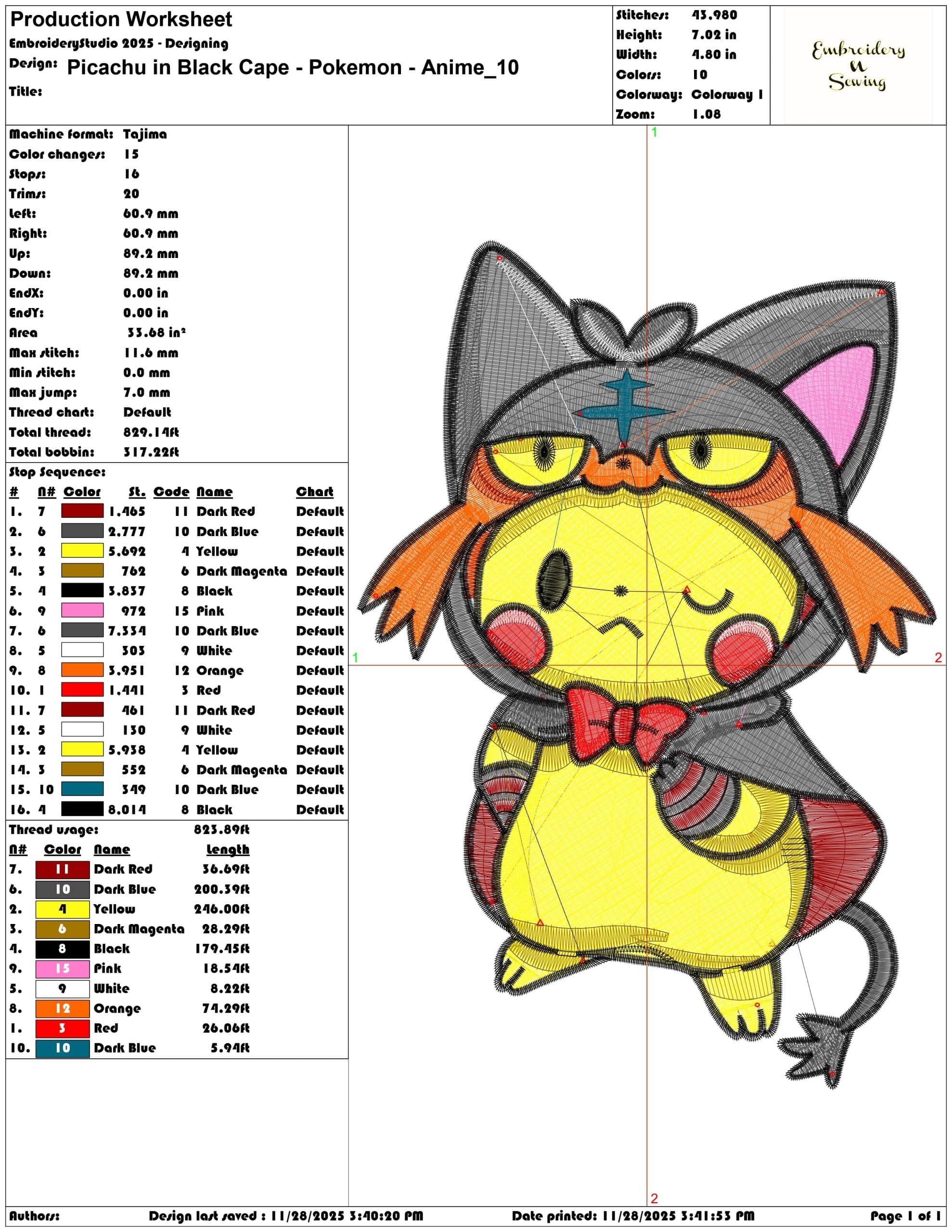 Picachu in Black Cape Pokemon Anime- Elegant embroidery design file - instant download — view 3