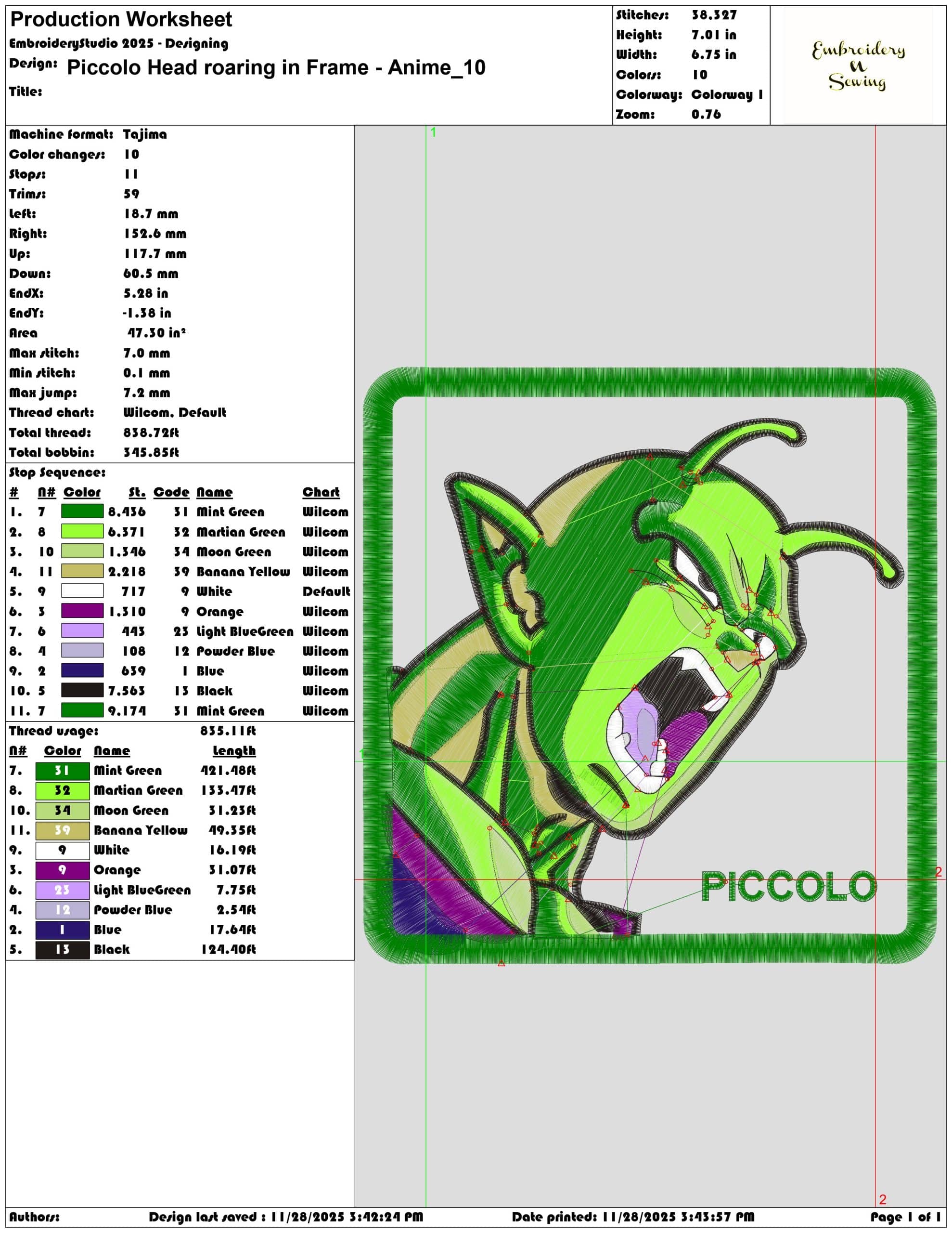 Piccolo Head roaring in Frame Anime- Elegant embroidery design file - instant download — view 3