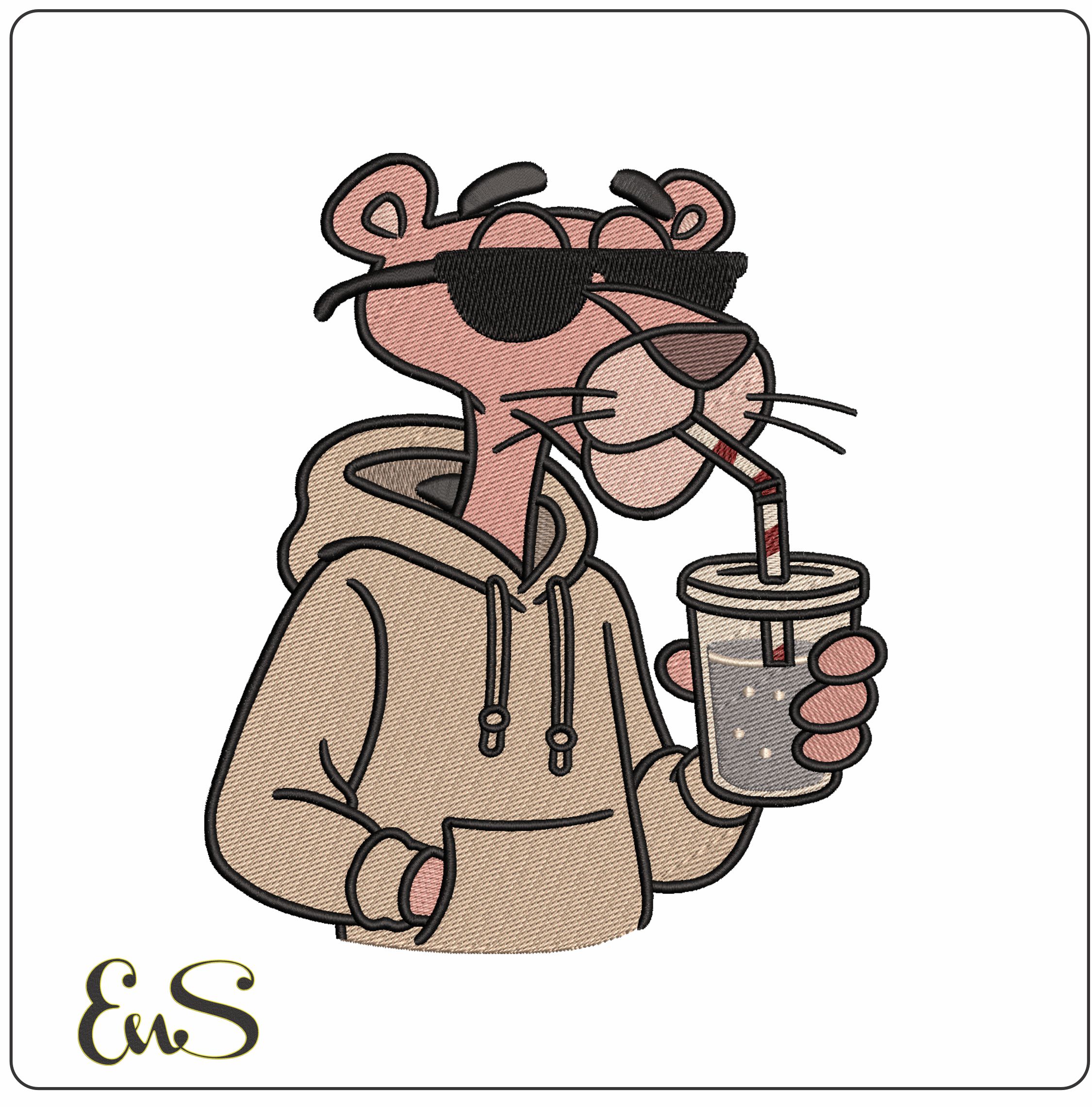 Pink Panther with Soda- Elegant embroidery design file - instant download