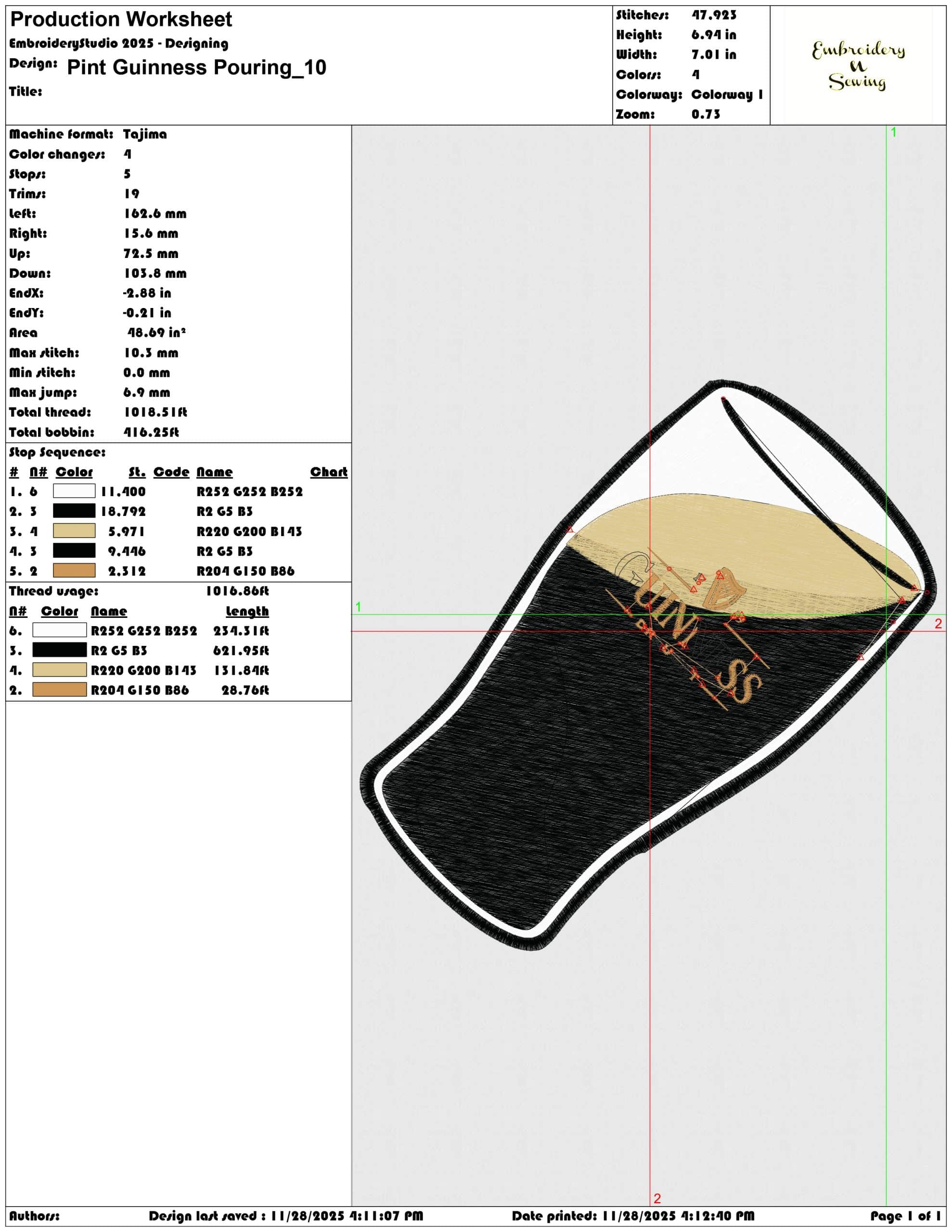 Pint Guinness Pouring- Elegant embroidery design file - instant download — view 3