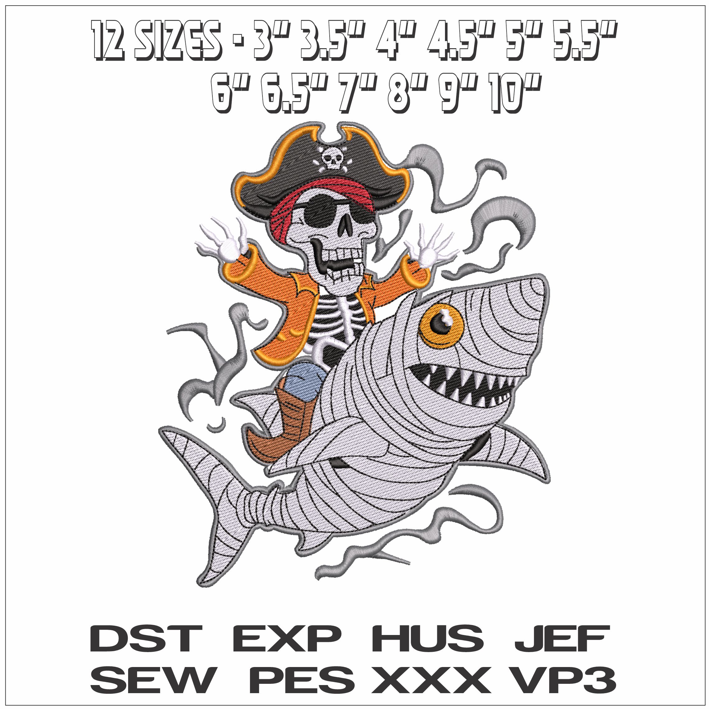 Pirate Skeleton on Mummy Shark- Elegant embroidery design file - instant download — view 2