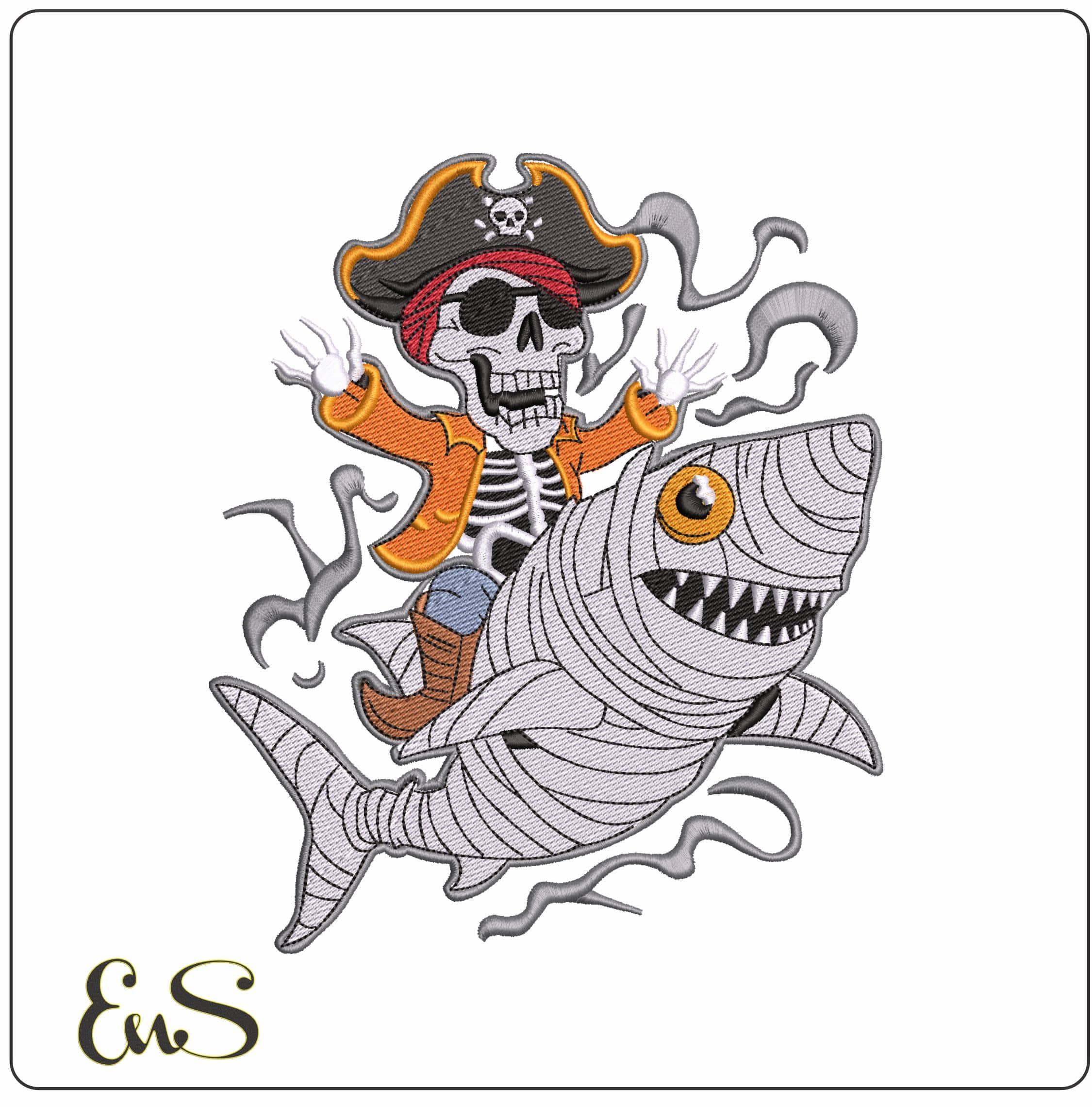 Pirate Skeleton on Mummy Shark- Elegant embroidery design file - instant download