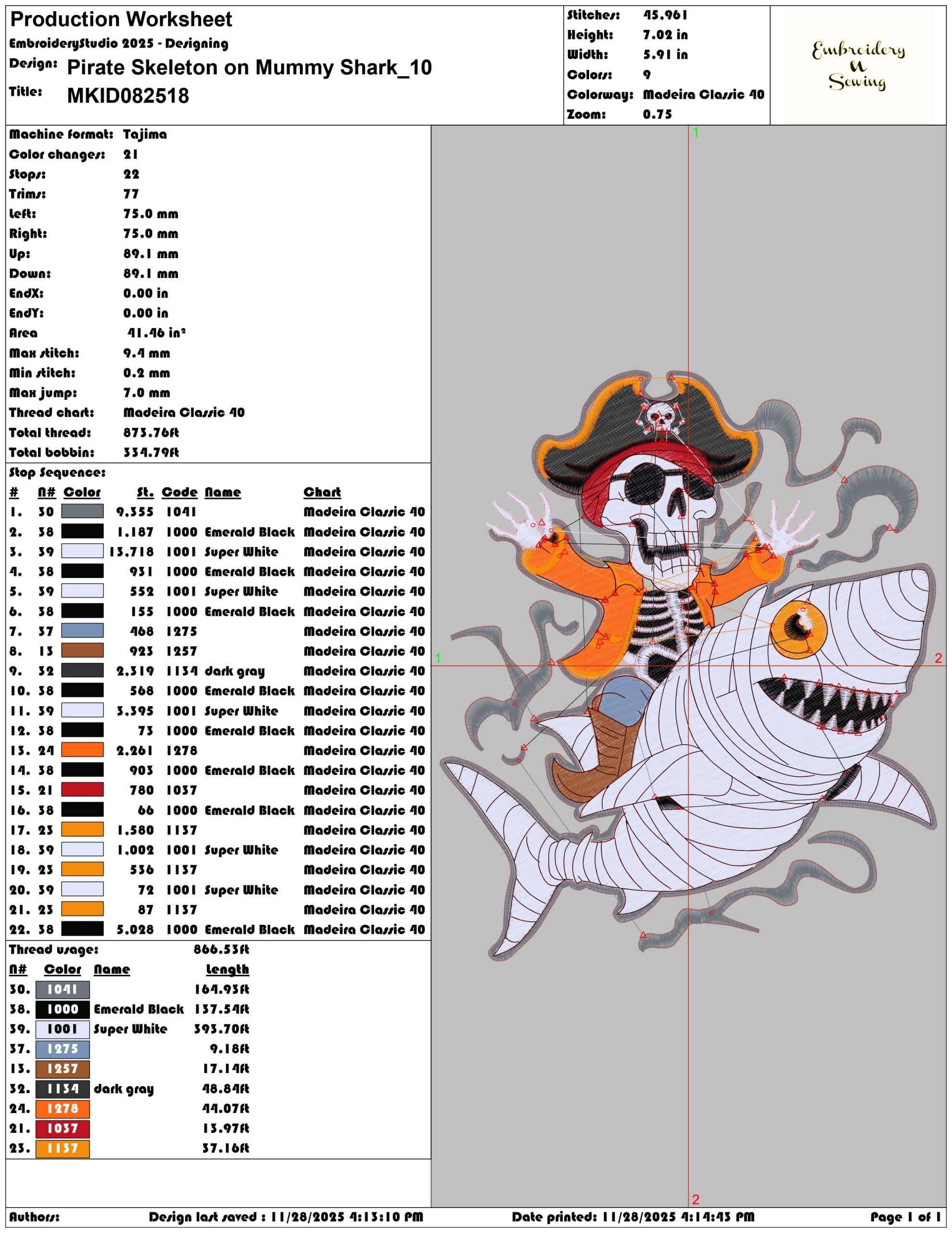 Pirate Skeleton on Mummy Shark- Elegant embroidery design file - instant download — view 3