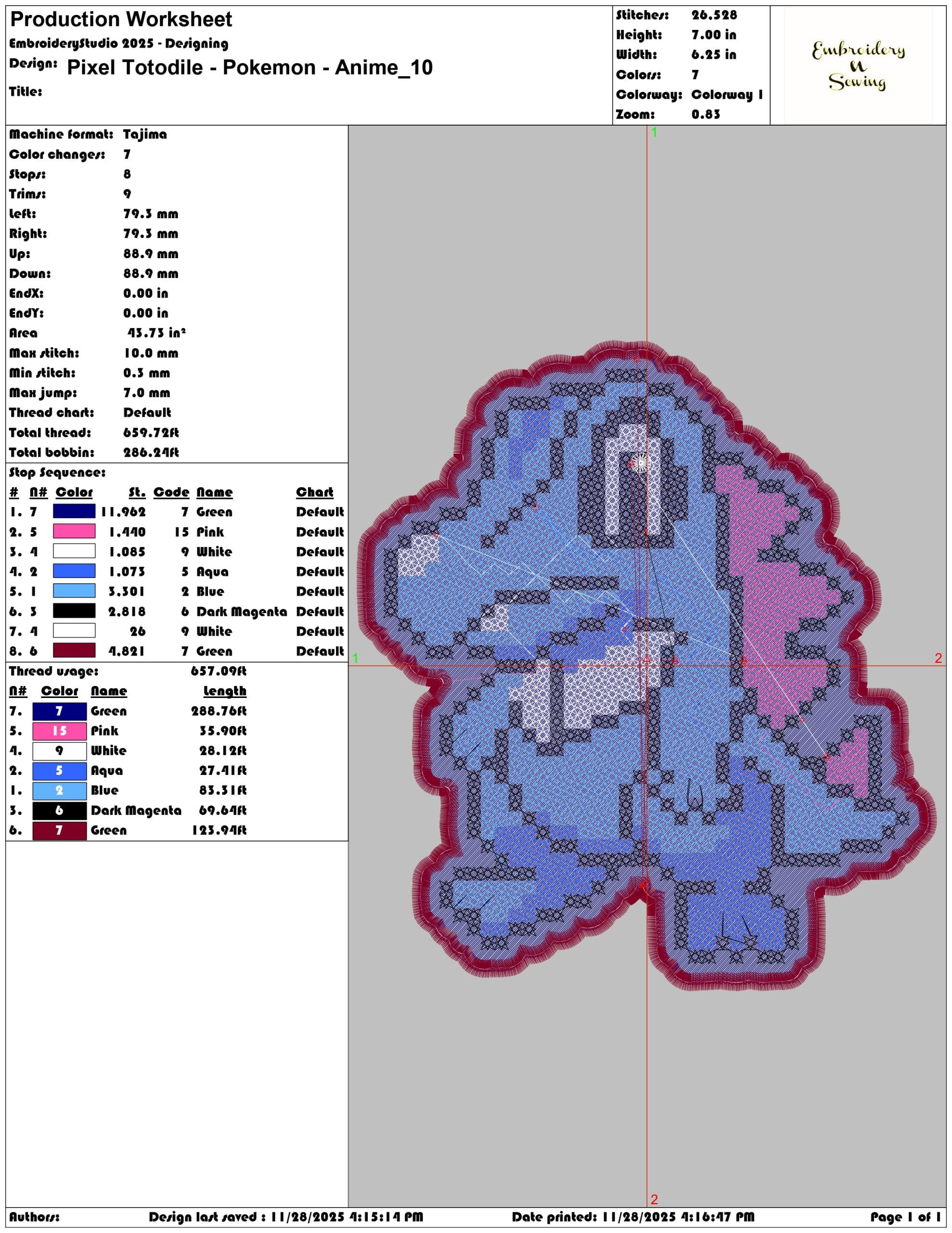 Pixel Totodile Pokemon Anime- Elegant embroidery design file - instant download — view 3