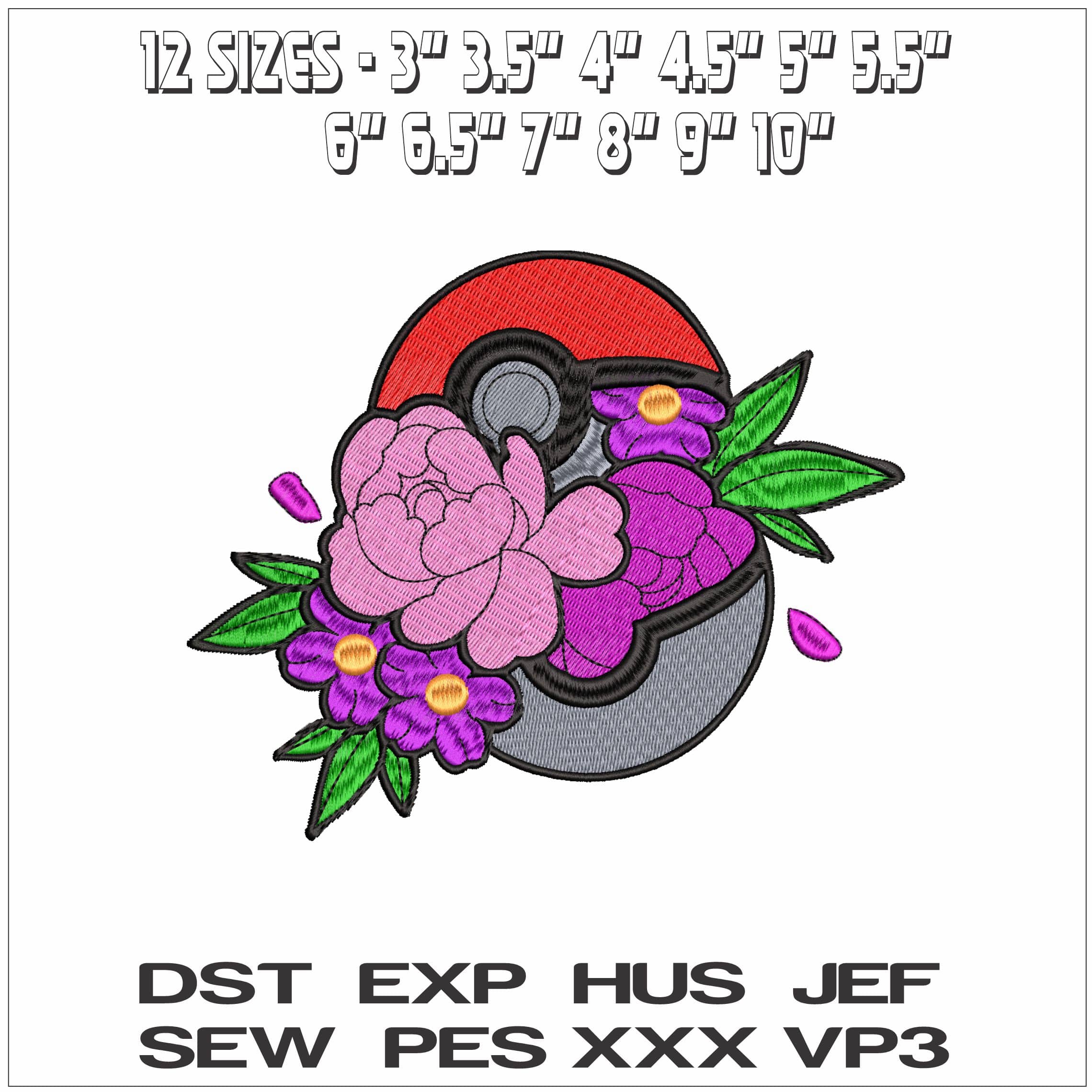 Poke Ball with Flowers Pokemon Anime- Elegant embroidery design file - instant download — view 2