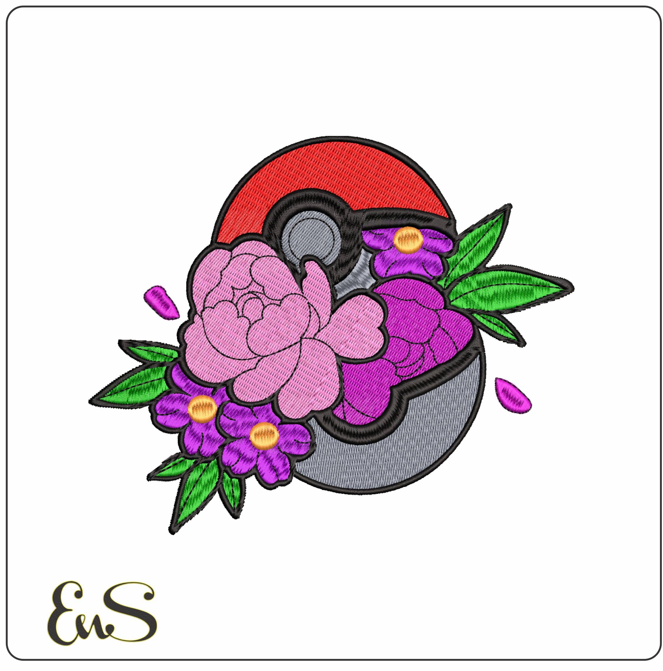 Poke Ball with Flowers Pokemon Anime- Elegant embroidery design file - instant download