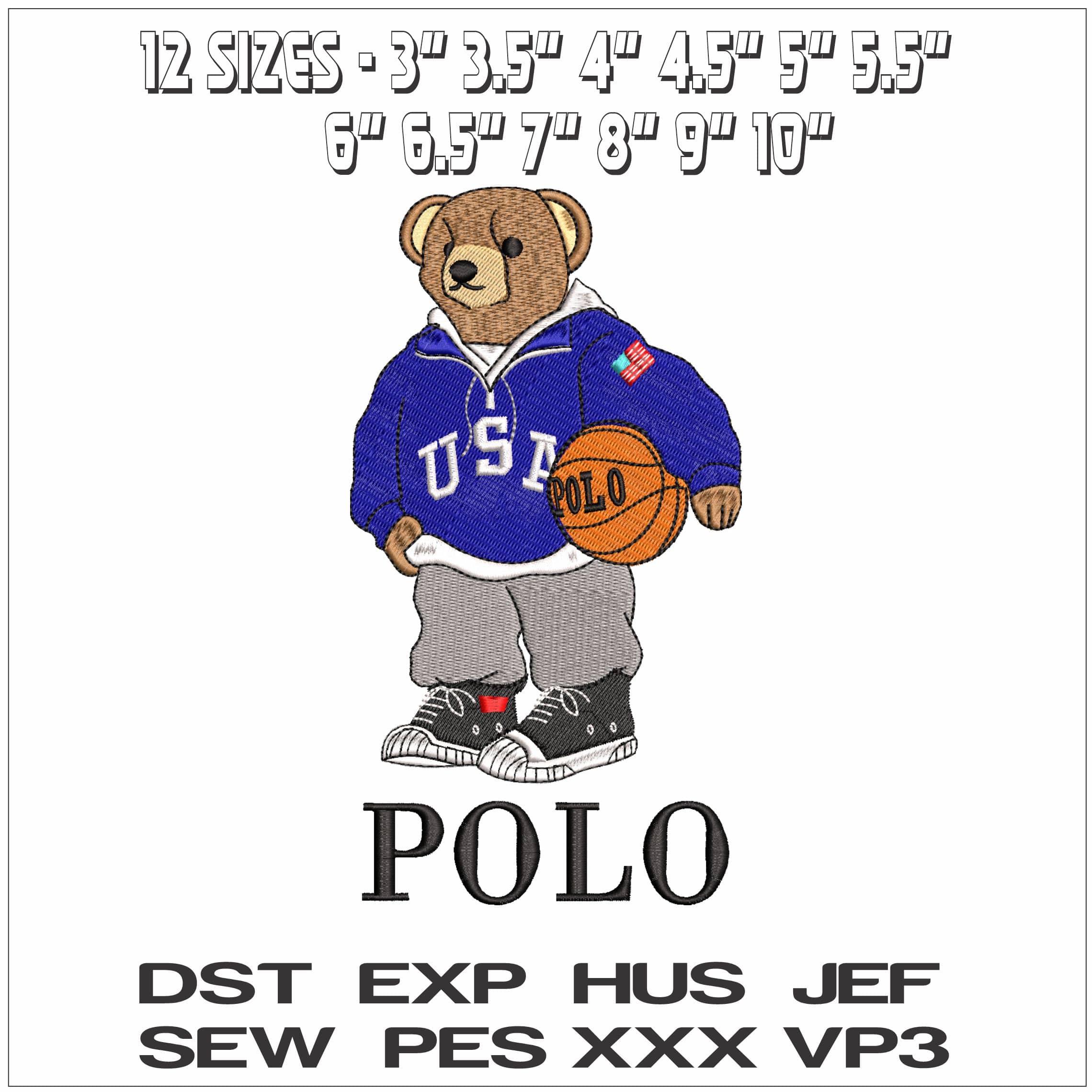 POLO Bear with Basketball- Elegant embroidery design file - instant download — view 2