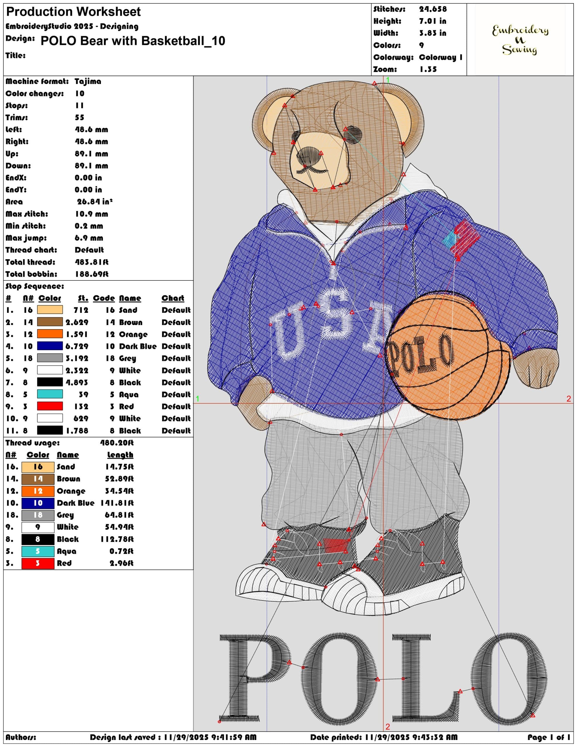 POLO Bear with Basketball- Elegant embroidery design file - instant download — view 3