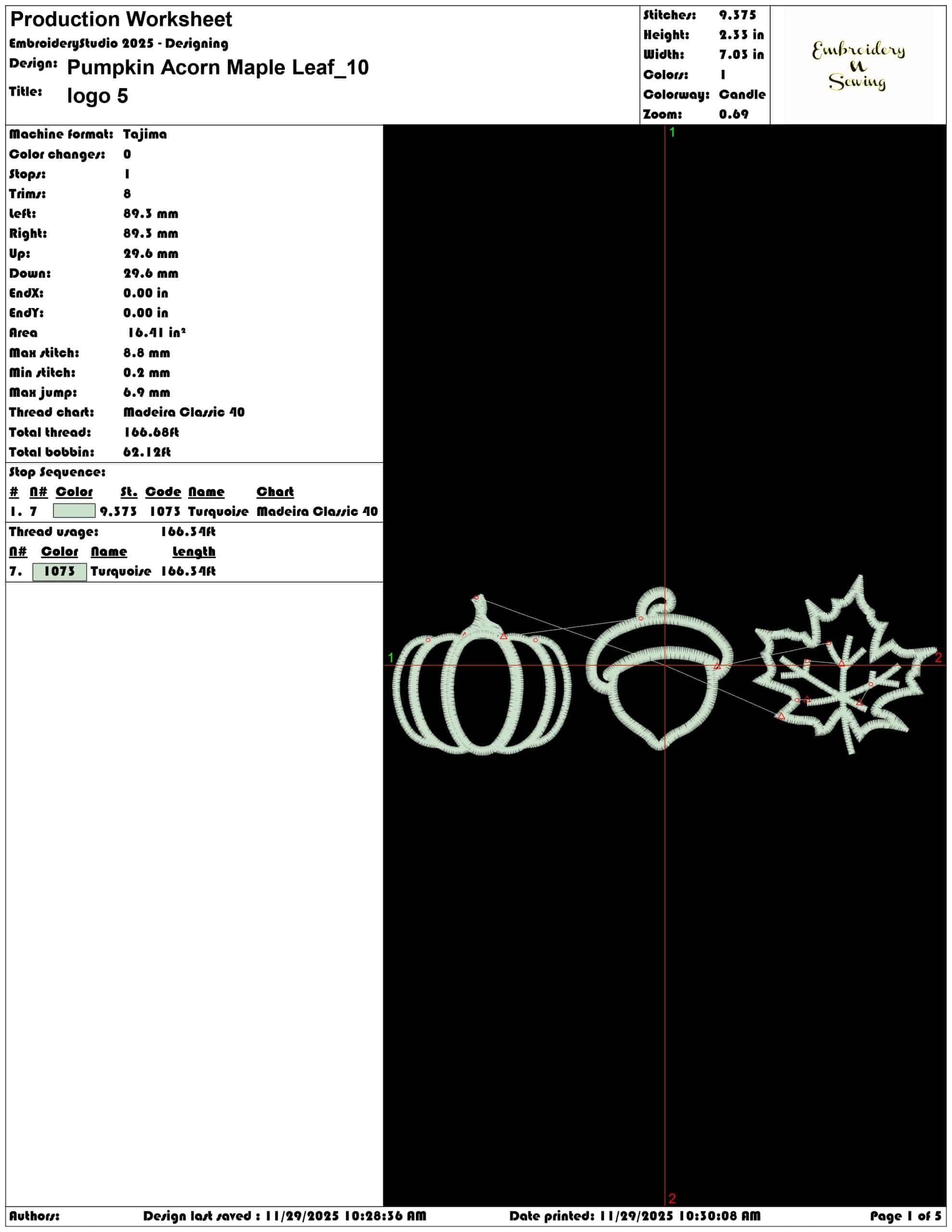 Pumpkin Acorn Maple Leaf- Elegant embroidery design file - instant download — view 3