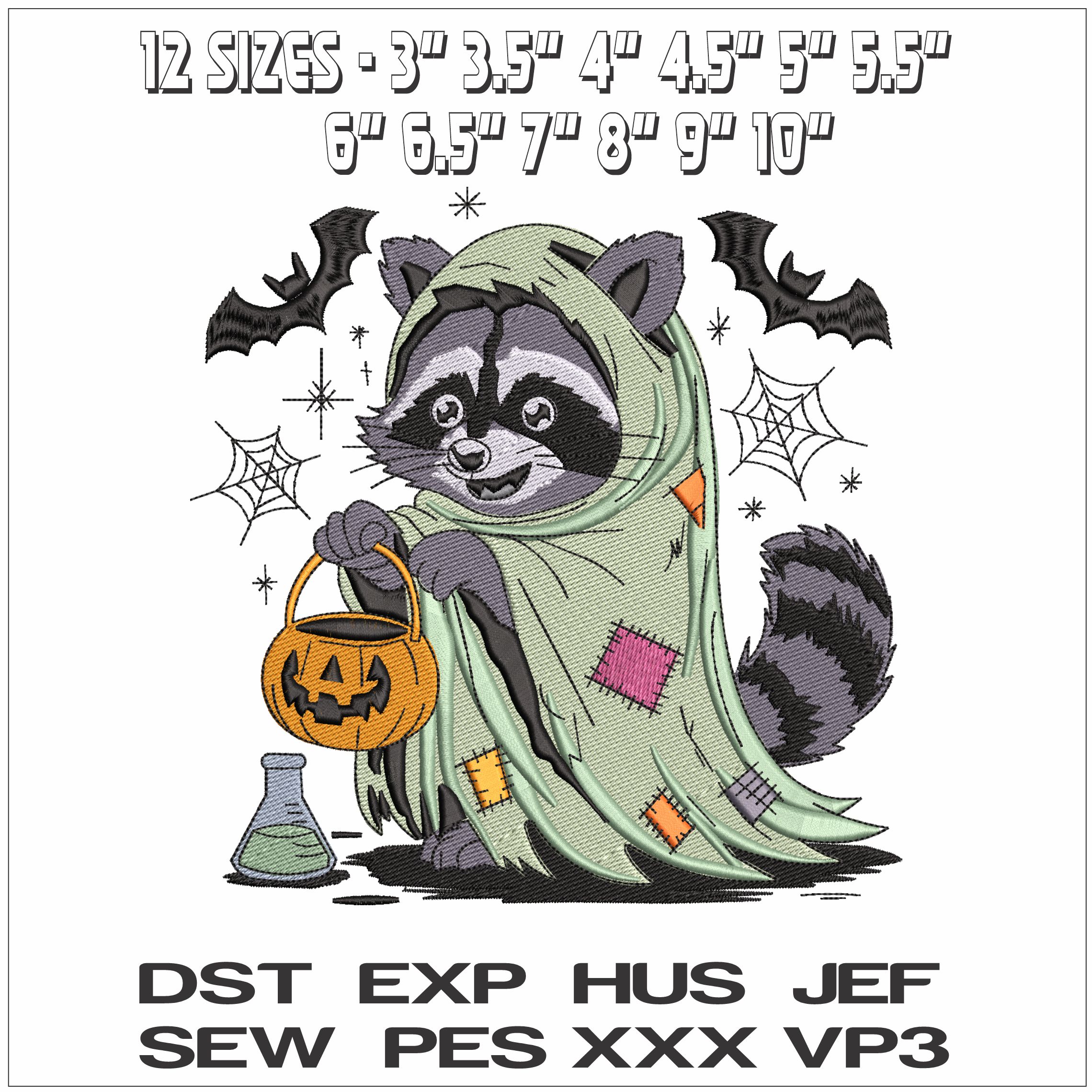 Racoon Ghost Trick or Treat- Elegant embroidery design file - instant download — view 2