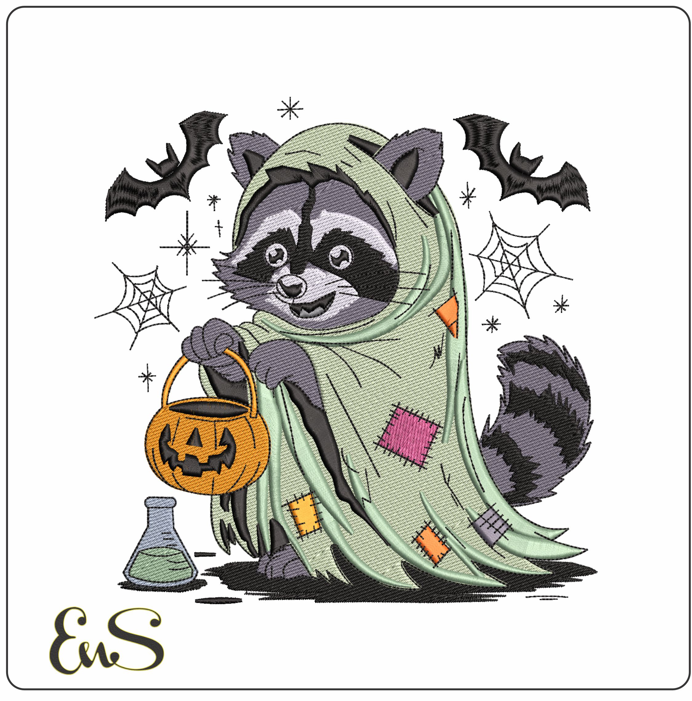 Racoon Ghost Trick or Treat- Elegant embroidery design file - instant download