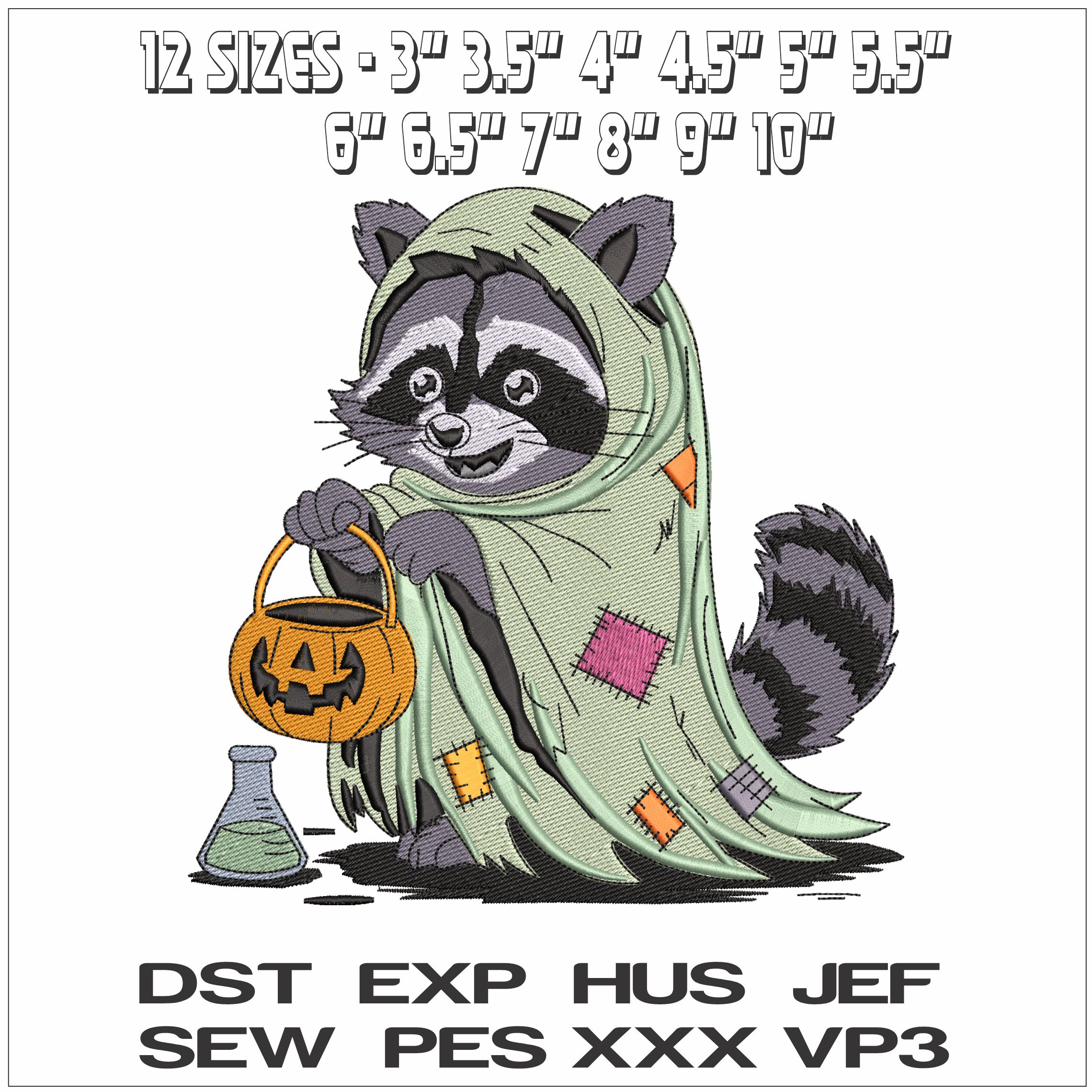 Racoon Ghost Trick or Treat and Poison- Elegant embroidery design file - instant download — view 2