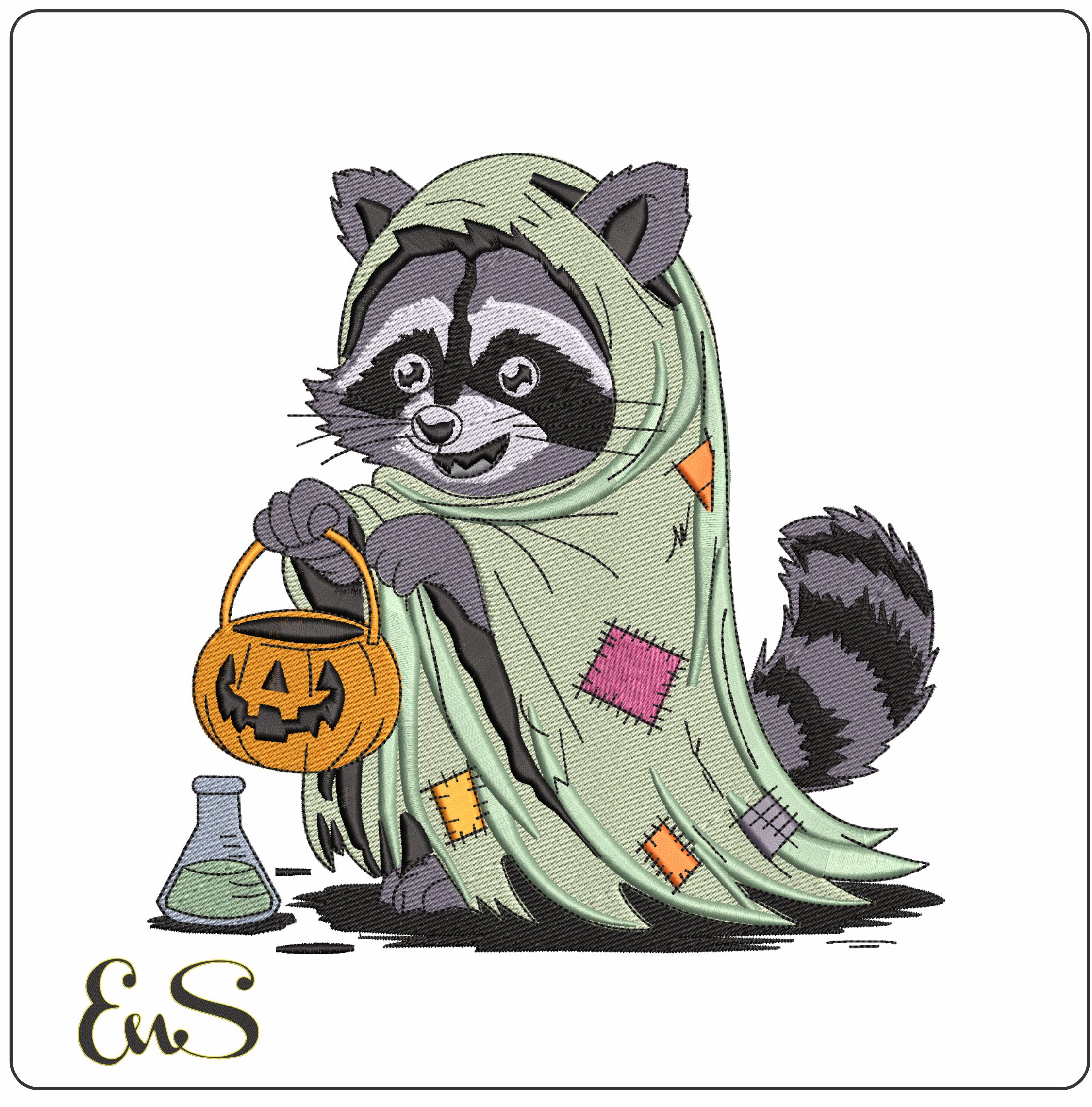 Racoon Ghost Trick or Treat and Poison- Elegant embroidery design file - instant download