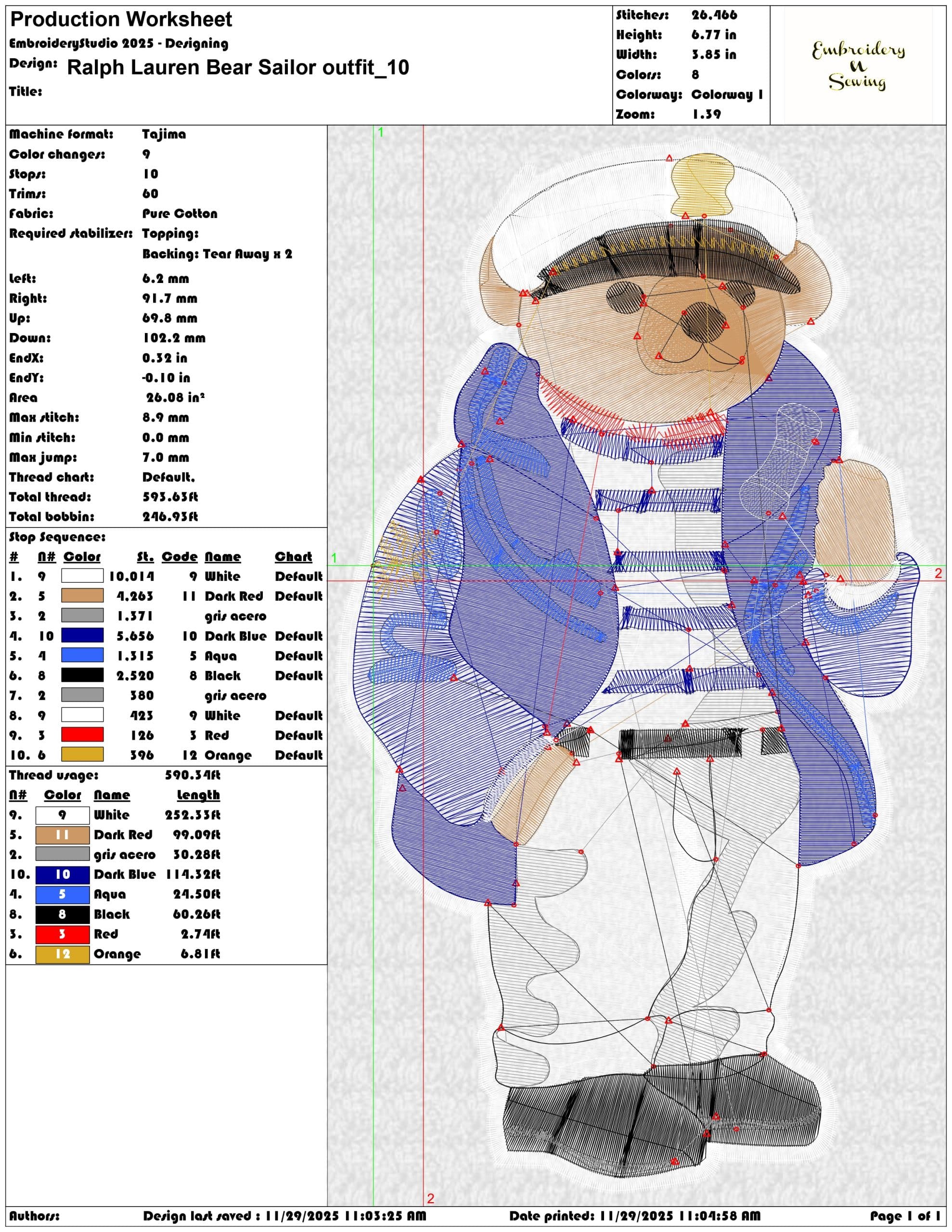 Ralph Lauren Bear Sailor outfit- Elegant embroidery design file - instant download — view 3