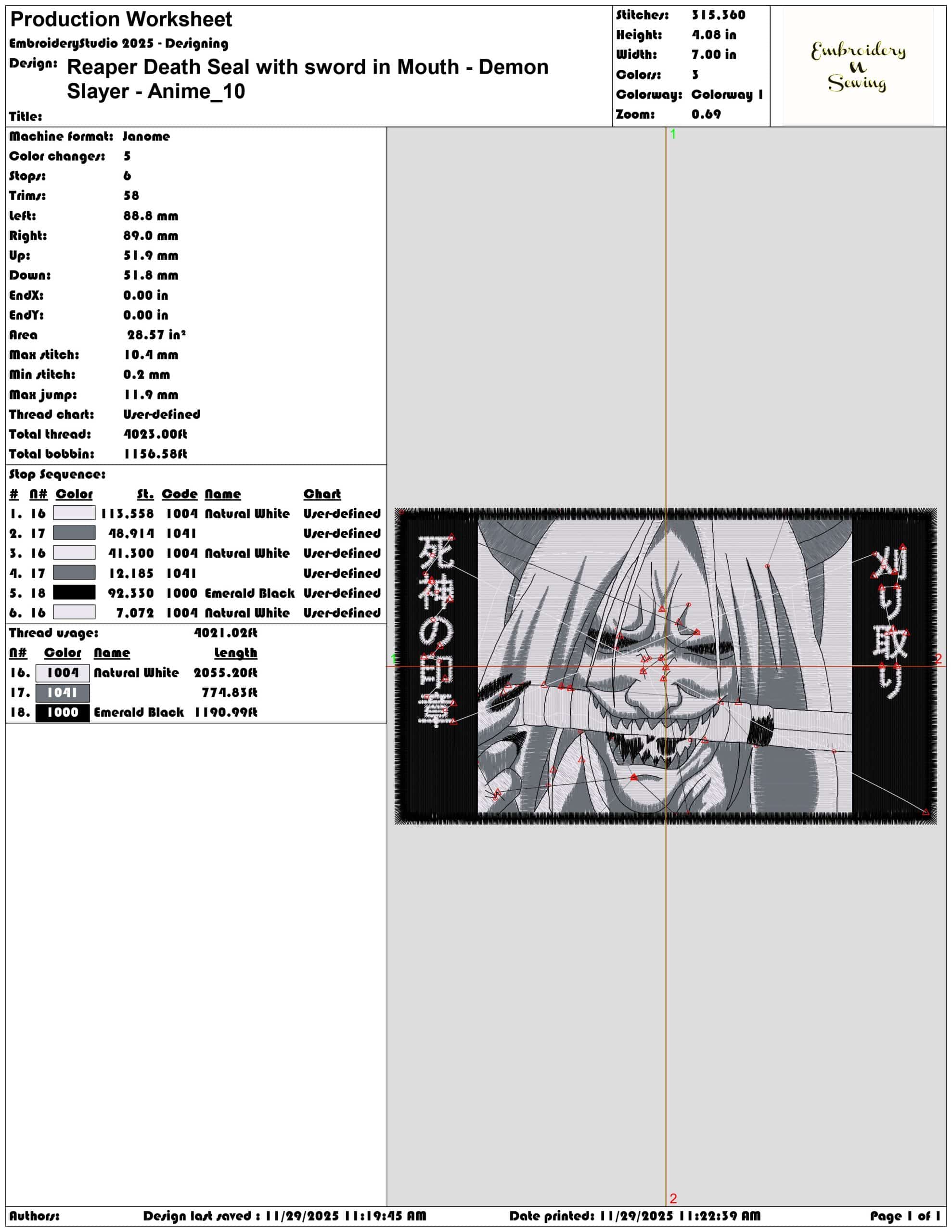 Reaper Death Seal with sword in Mouth Demon Slayer Anime- Elegant embroidery design file - instant download — view 3