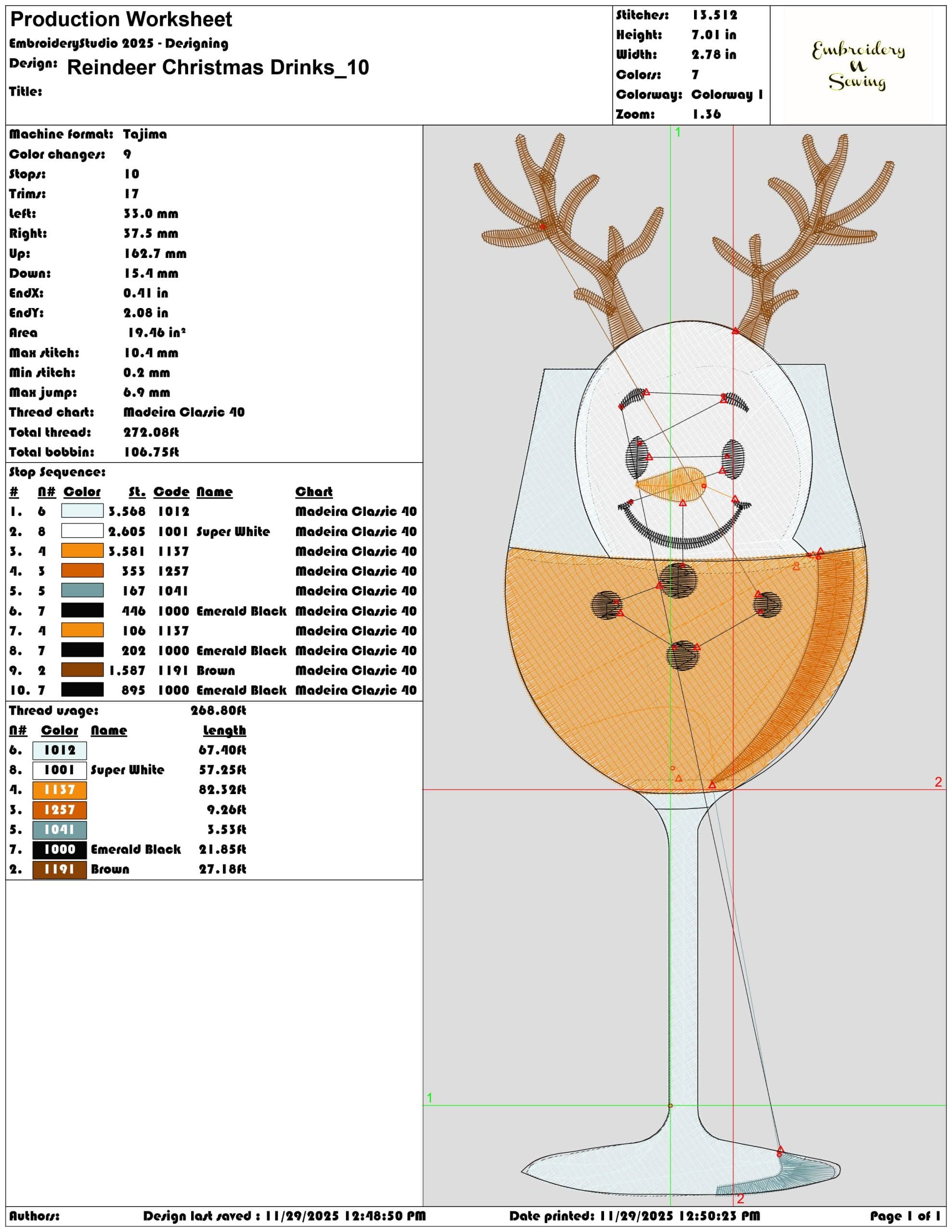 Reindeer Christmas Drinks- Elegant embroidery design file - instant download — view 3