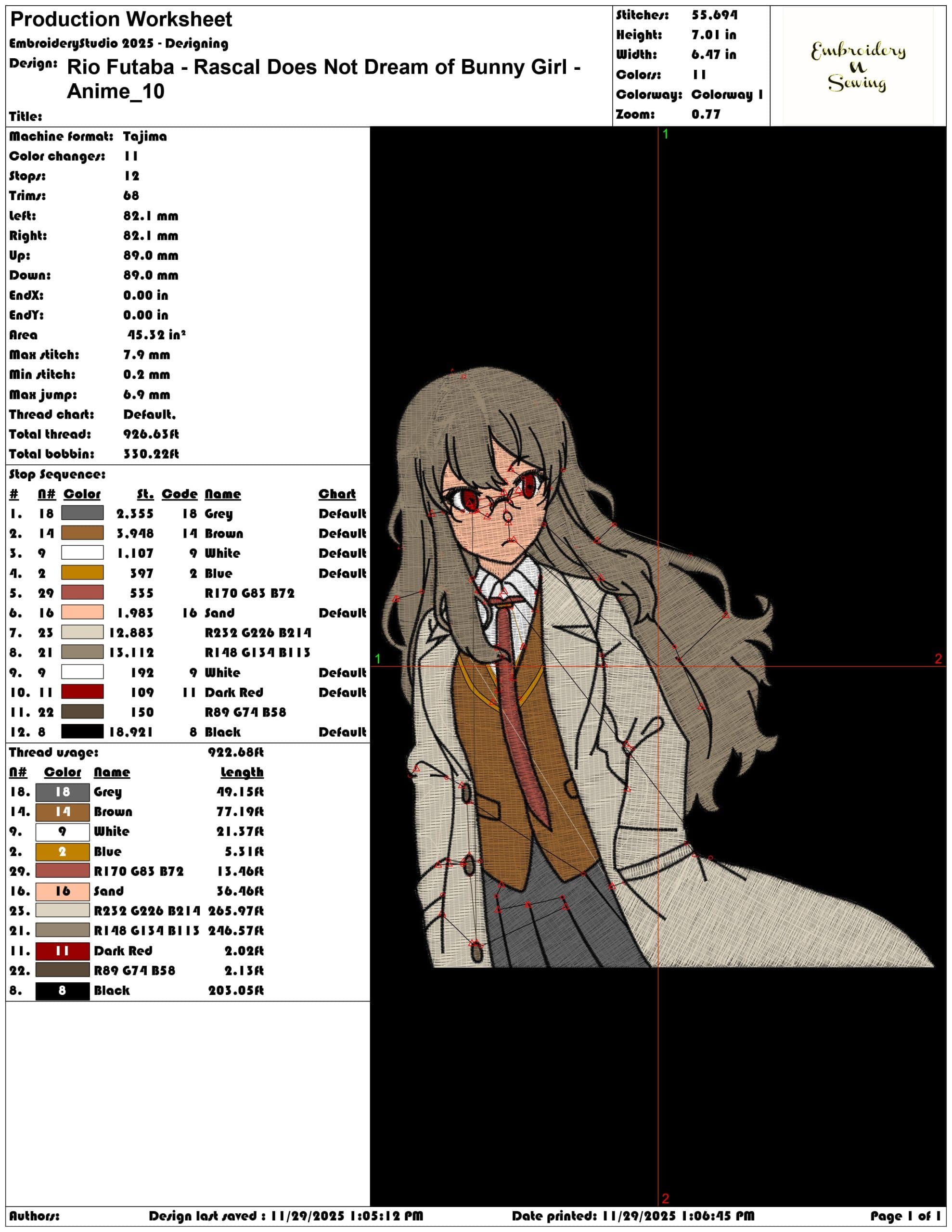 Rio Futaba Rascal Does Not Dream of Bunny Girl Anime- Elegant embroidery design file - instant download — view 3