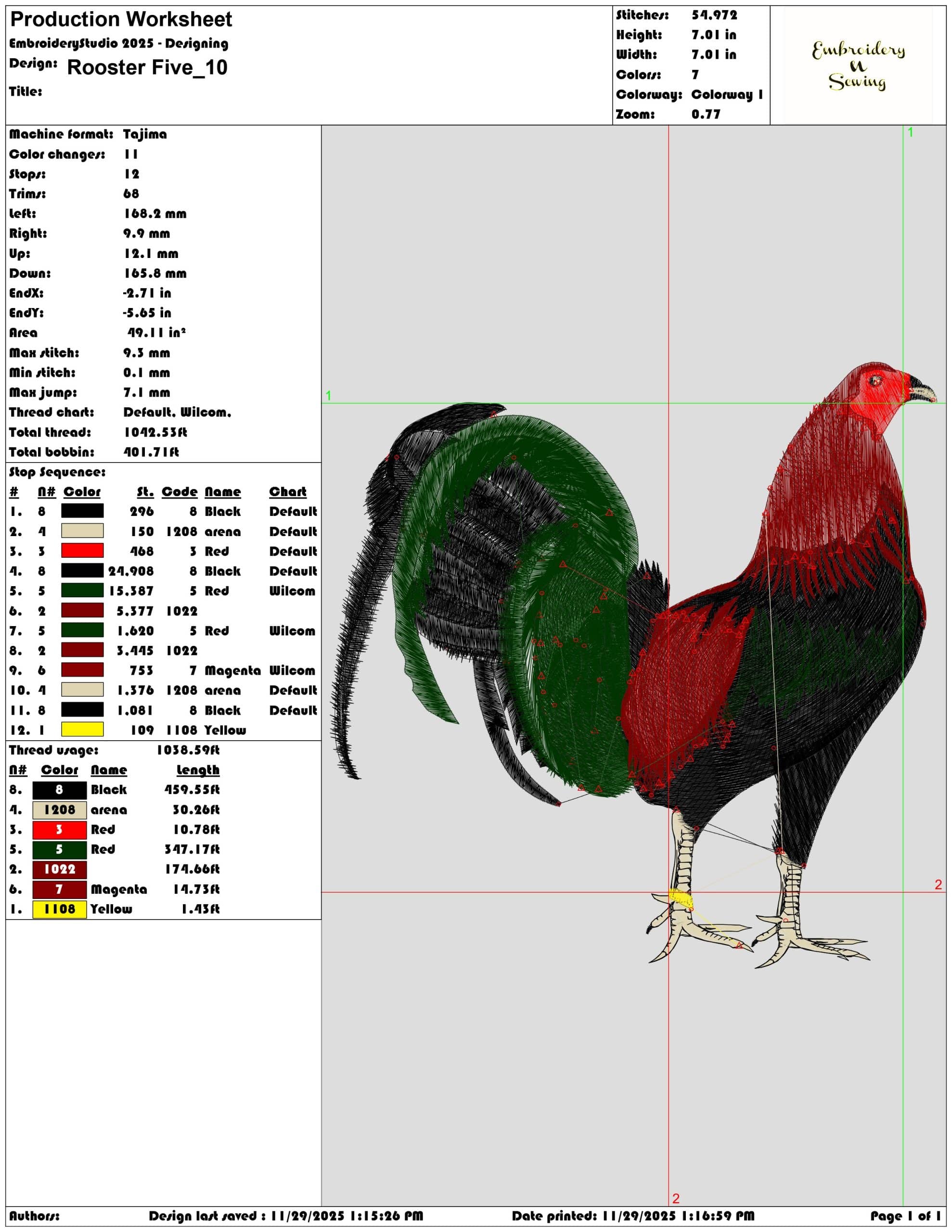 Rooster Five- Elegant embroidery design file - instant download — view 3