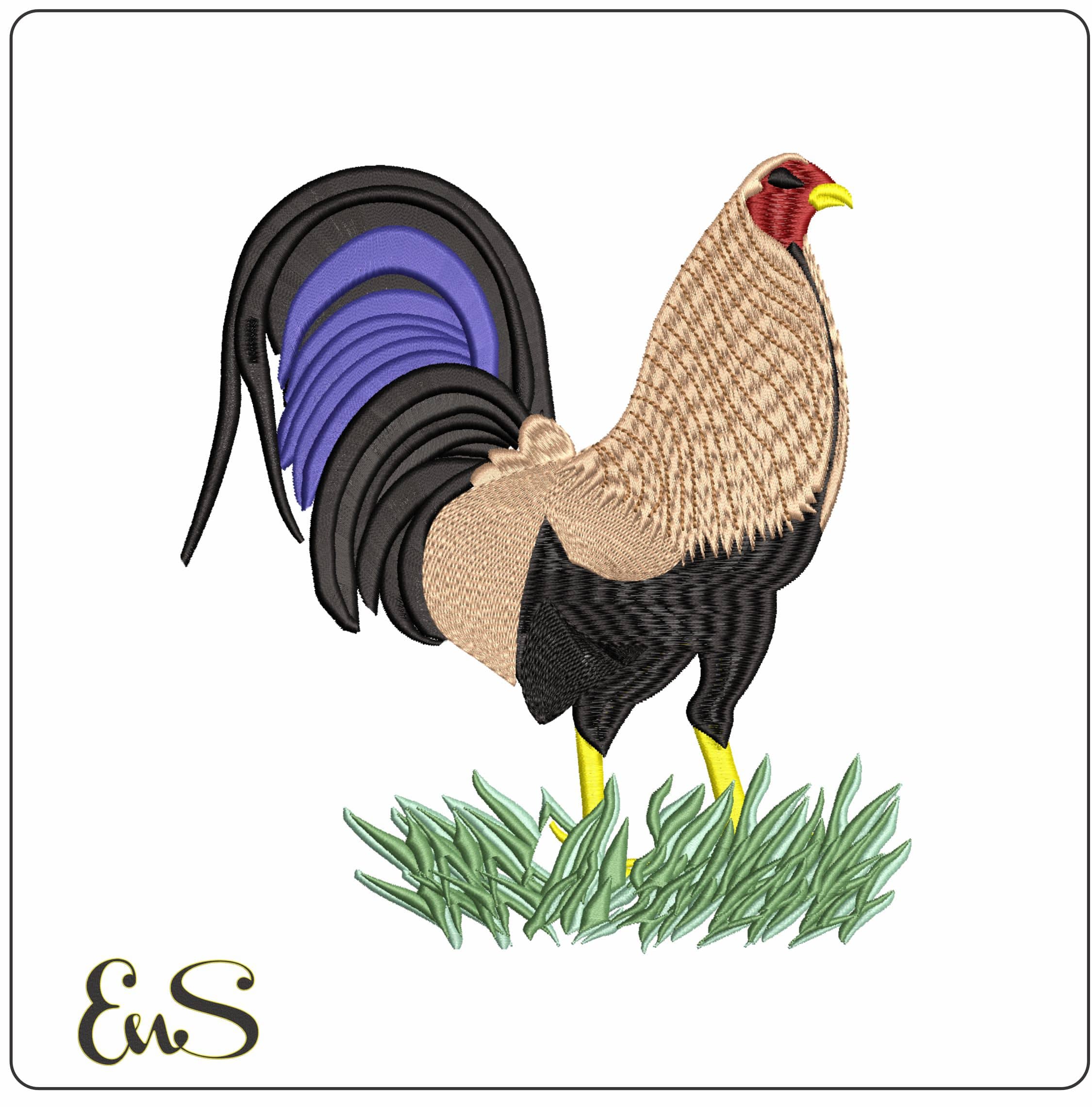 Rooster Three Grass- Elegant embroidery design file - instant download