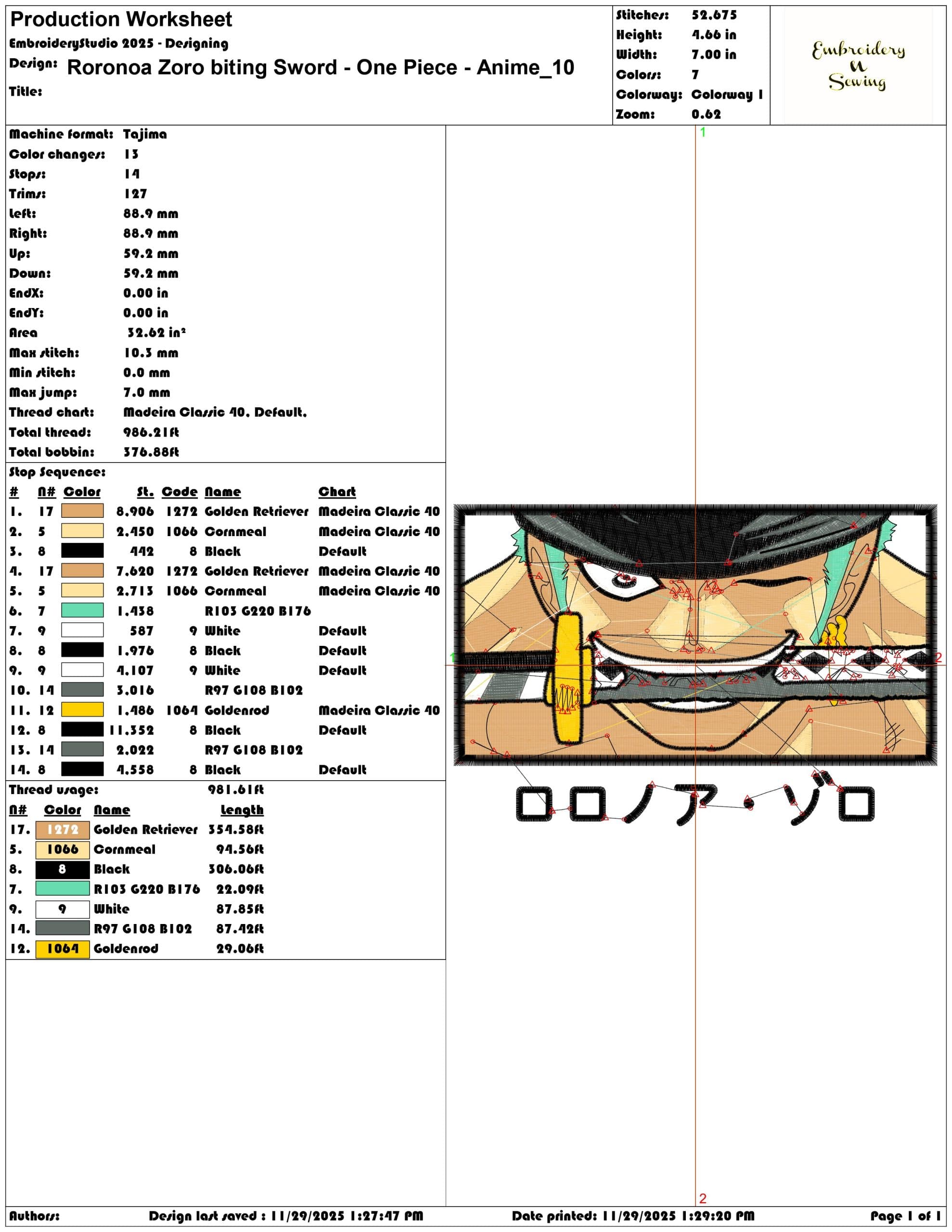 Roronoa Zoro biting Sword One Piece Anime- Elegant embroidery design file - instant download — view 3