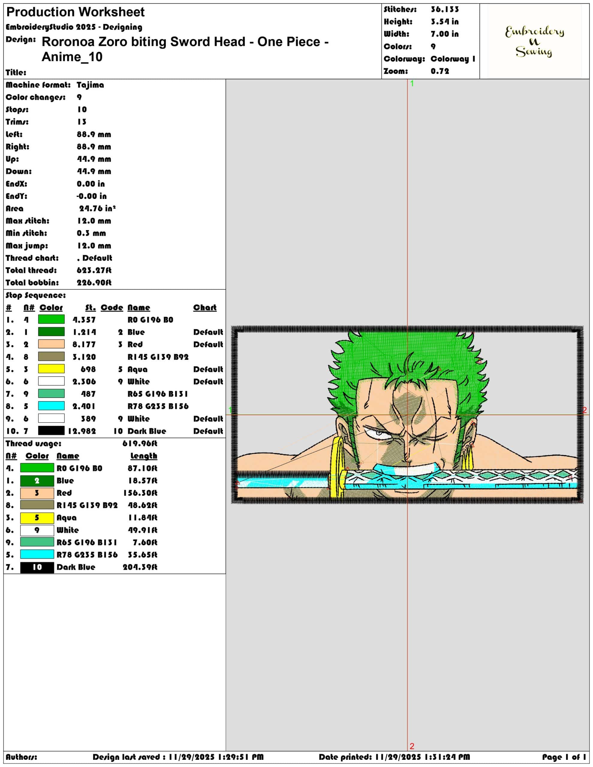 Roronoa Zoro biting Sword Head One Piece Anime- Elegant embroidery design file - instant download — view 3