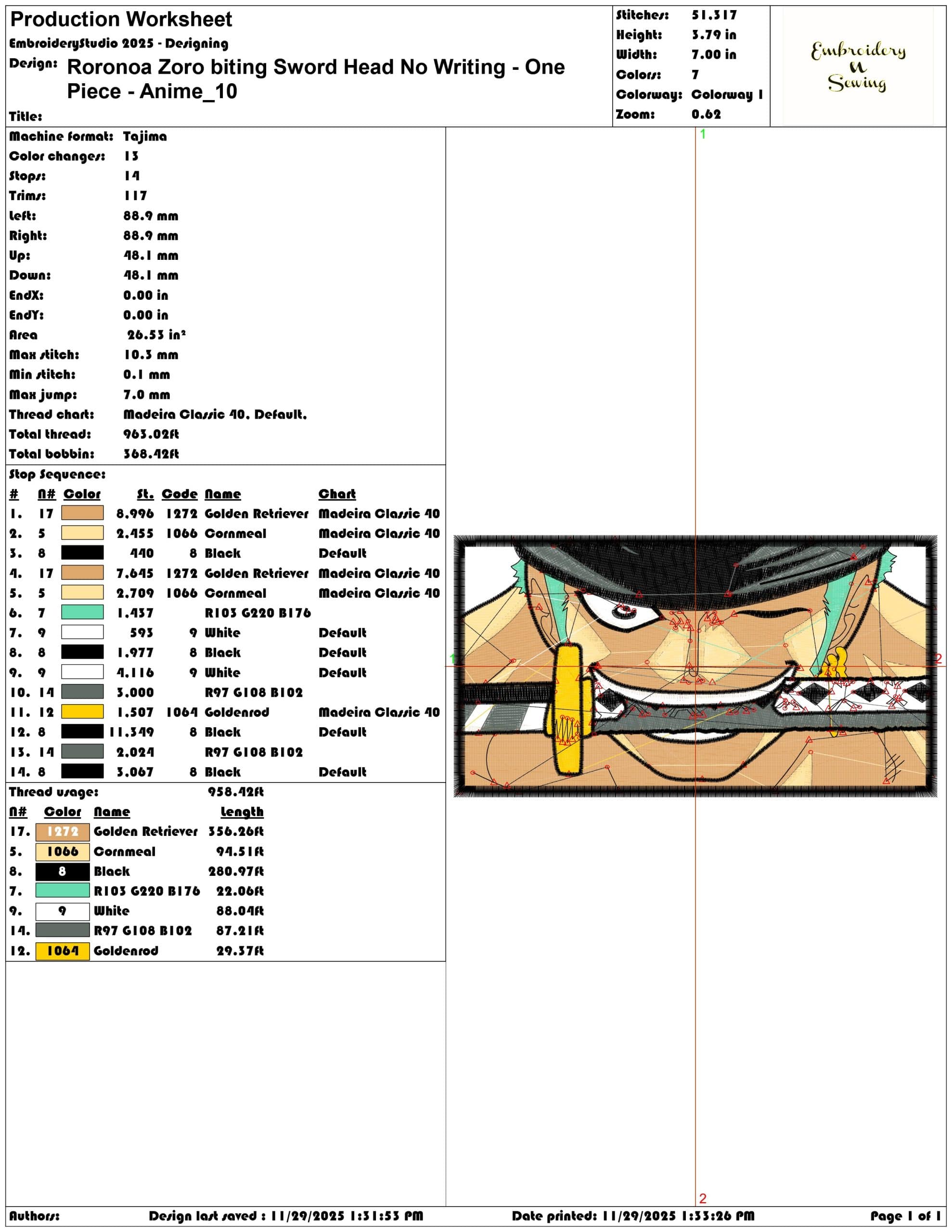 Roronoa Zoro biting Sword Head No Writing One Piece Anime- Elegant embroidery design file - instant download — view 3