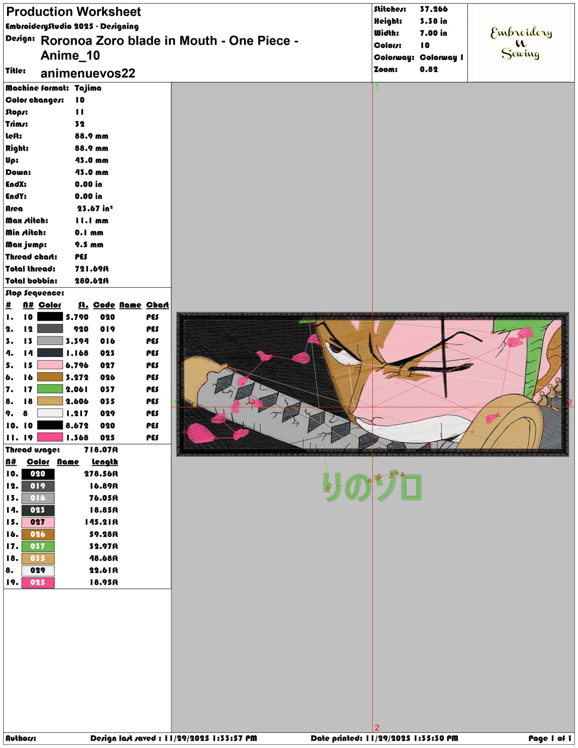 Roronoa Zoro blade in Mouth One Piece Anime- Elegant embroidery design file - instant download — view 3