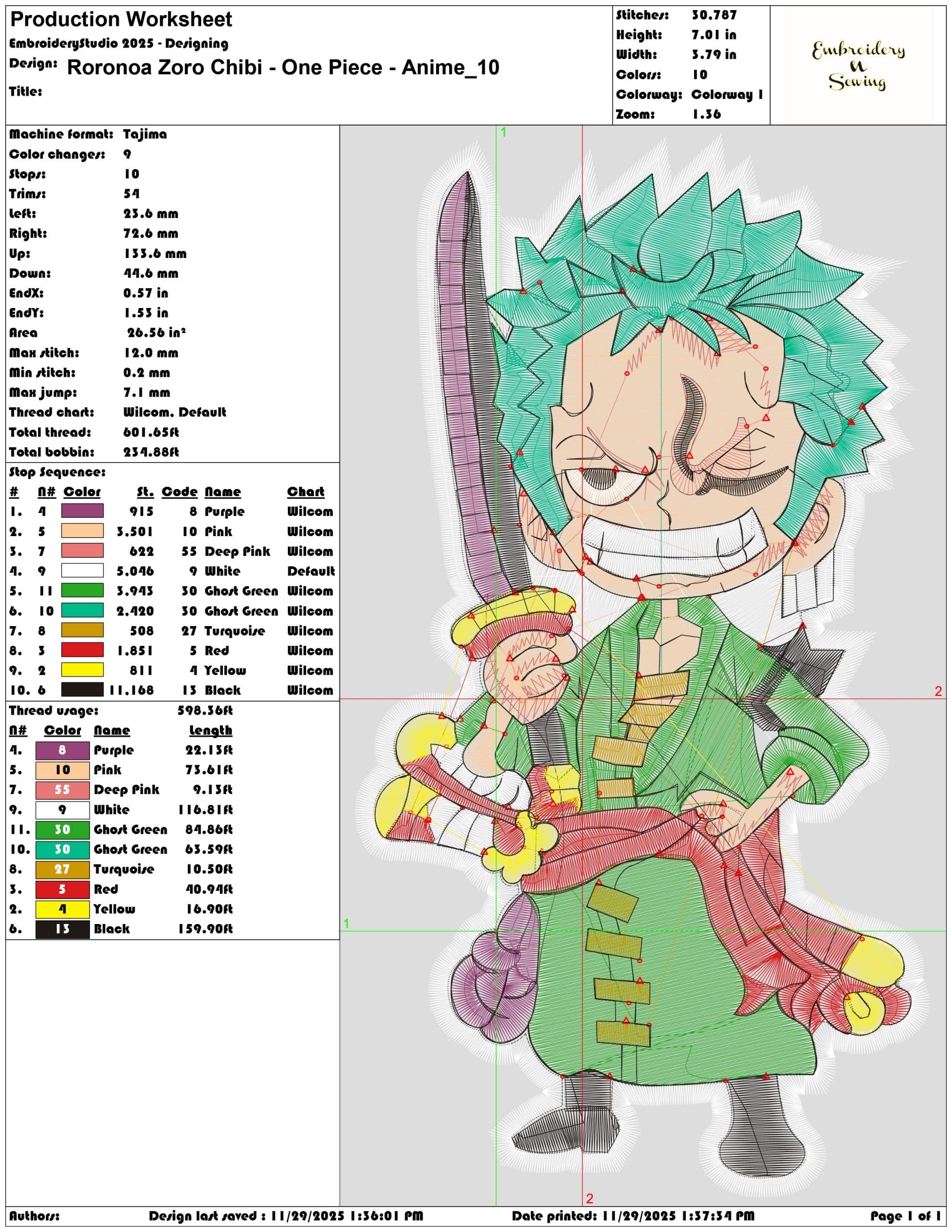 Roronoa Zoro Chibi One Piece Anime- Elegant embroidery design file - instant download — view 3